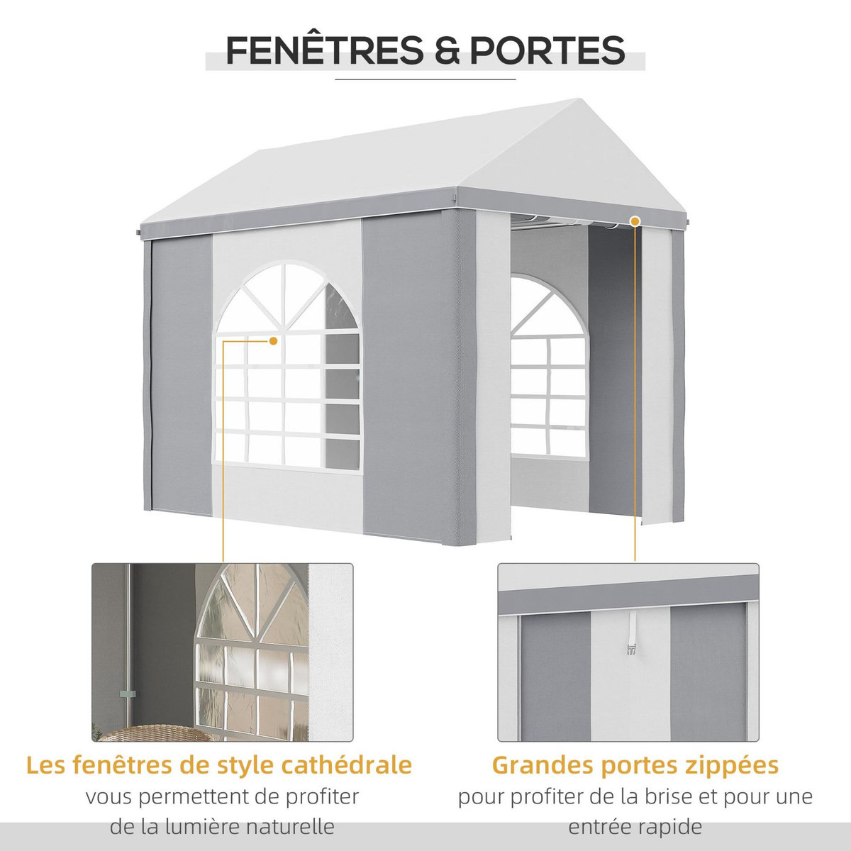 OUTSUNNY Barnum tonnelle chapiteau de jardin dim. 3L x 2l x 2,55H m - 2 fenêtres, 2 portes - acier galvanisé PE blanc gris