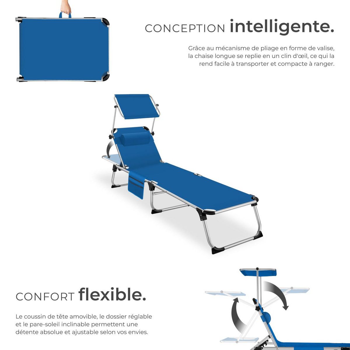 tectake Bain de soleil pliable avec oreiller bleu