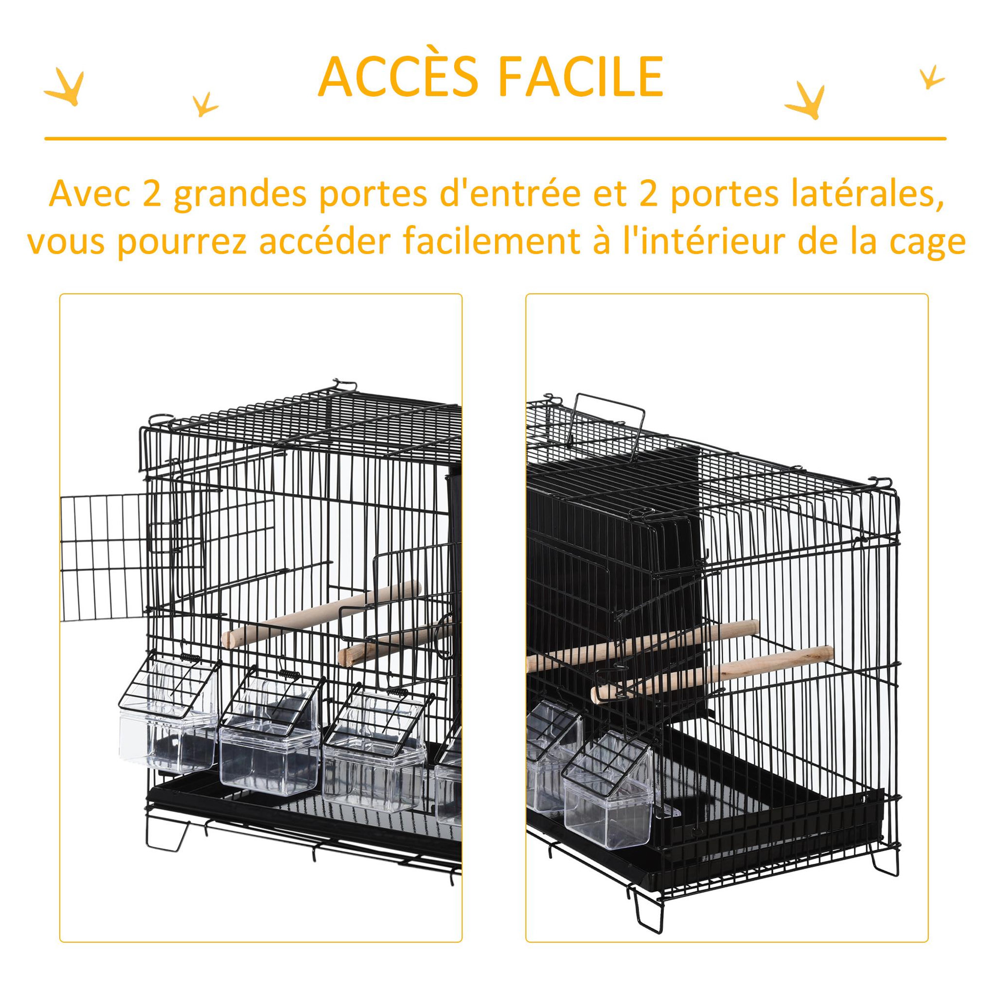 Voir la diapositive 5 : PAWHUT PawHut Cage à oiseaux dim. 59,5L x 29,8I x 35,3H cm mangeoires perchoirs 4 portes plateau excrément amovible + poignée transport métal PP noir