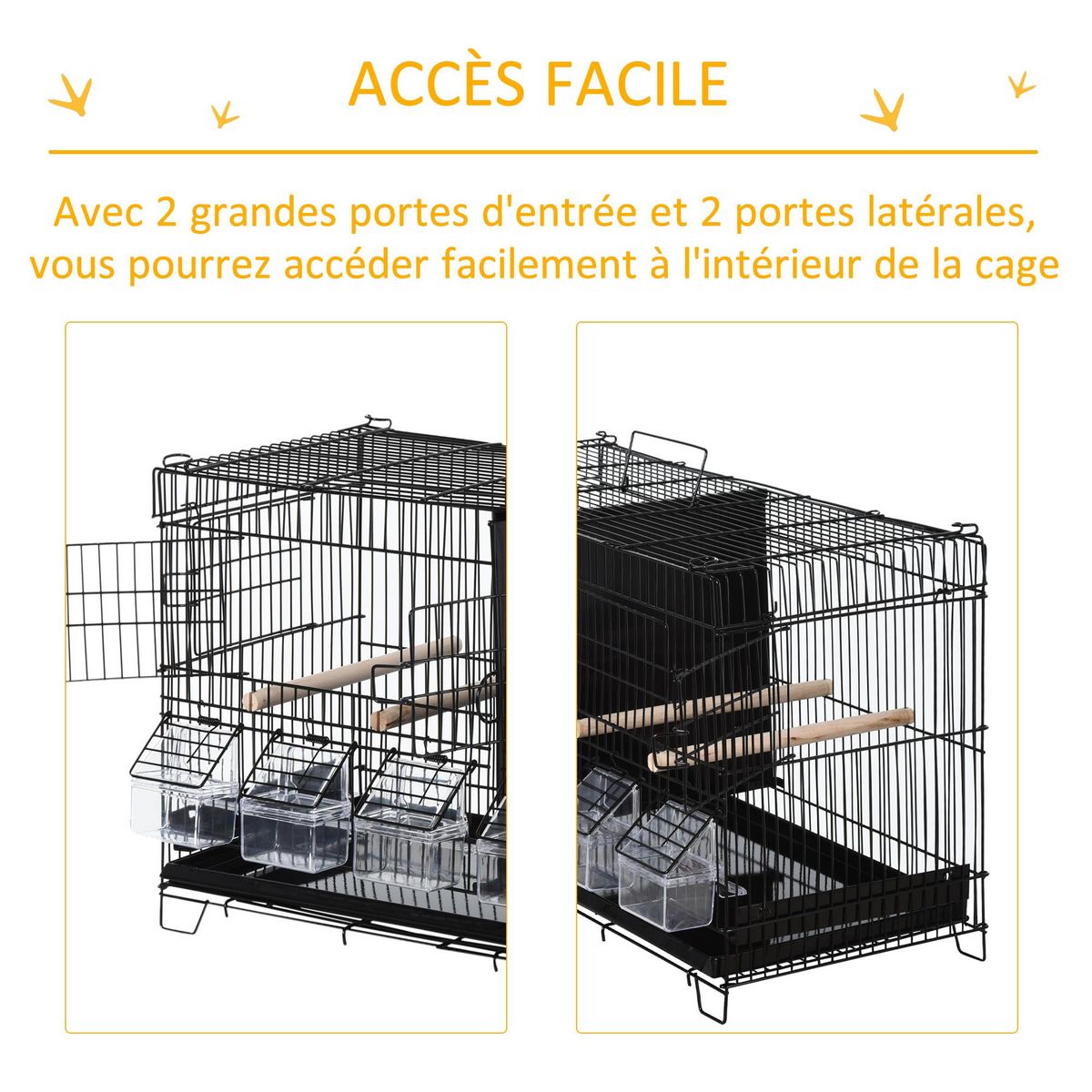 PAWHUT PawHut Cage à oiseaux dim. 59,5L x 29,8I x 35,3H cm mangeoires perchoirs 4 portes plateau excrément amovible + poignée transport métal PP noir