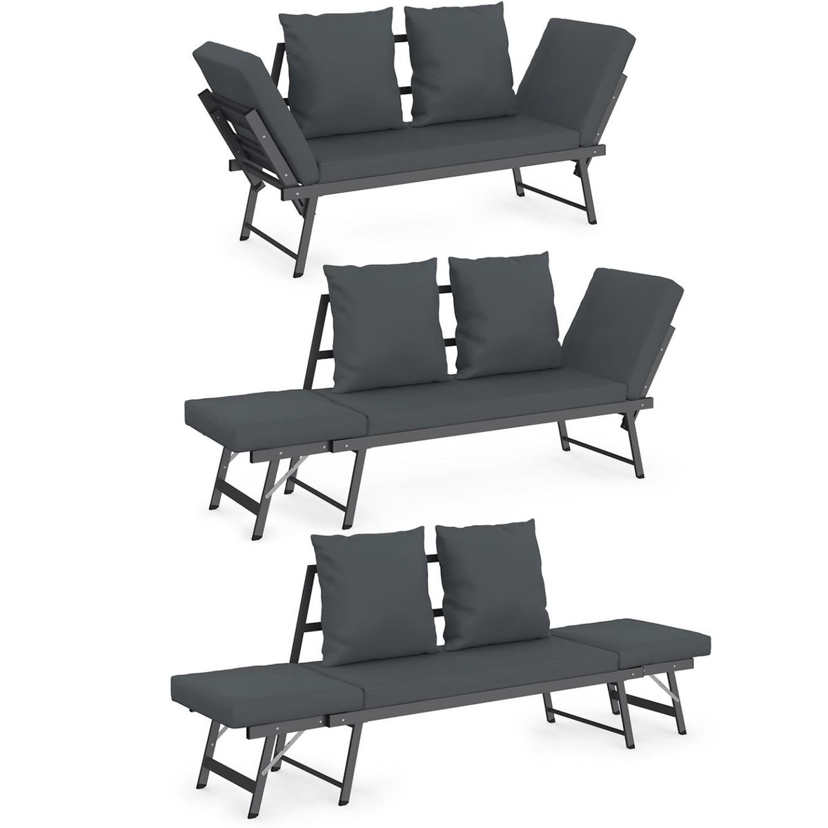 ID MARKET Canapé de jardin, banquette convertible NOLA 2/3 places avec accoudoirs inclinables métal et coussins gris anthracite