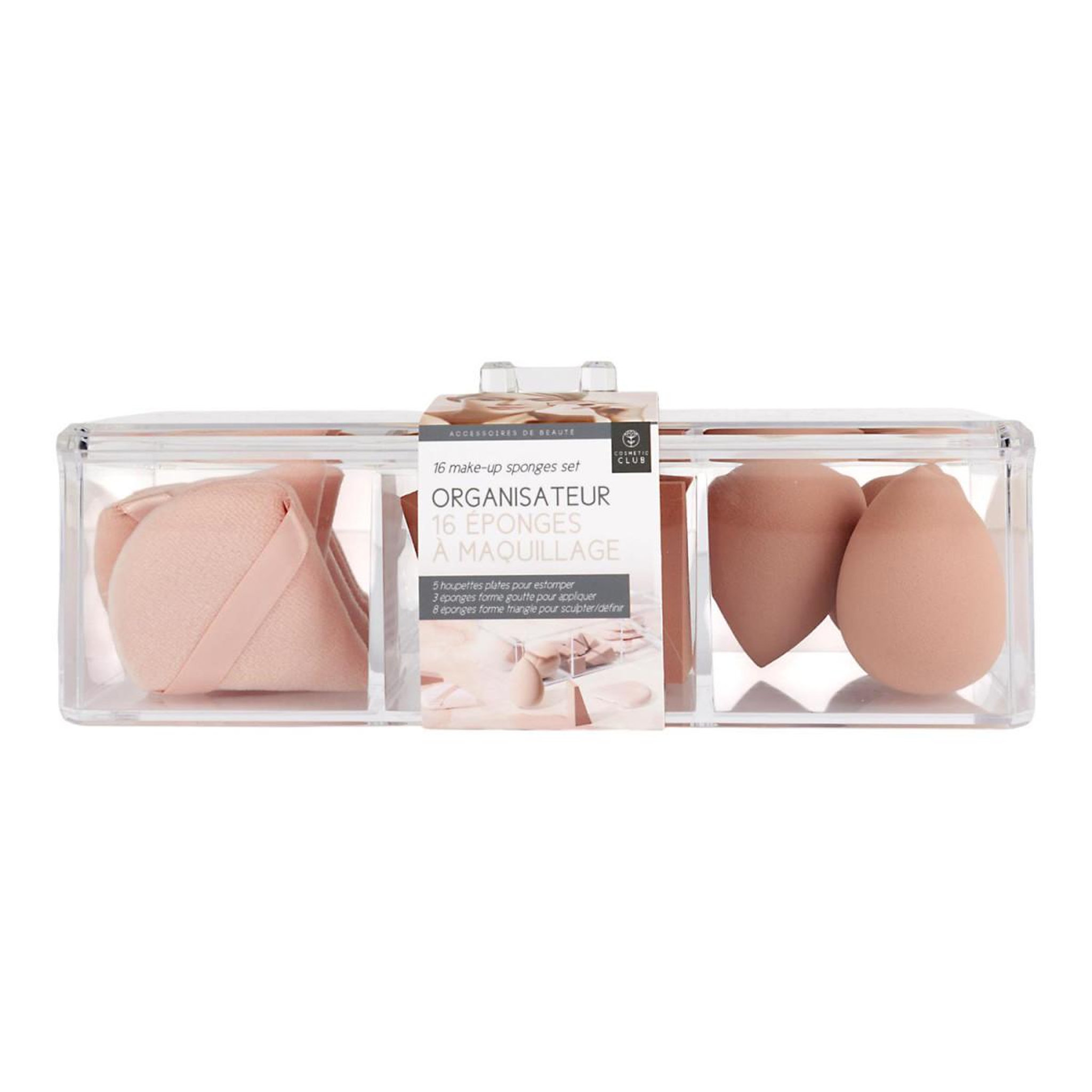 Voir la diapositive 4 : Cosmetic Club Organisateur & 16 éponges à maquillage  teint  22cm transparent