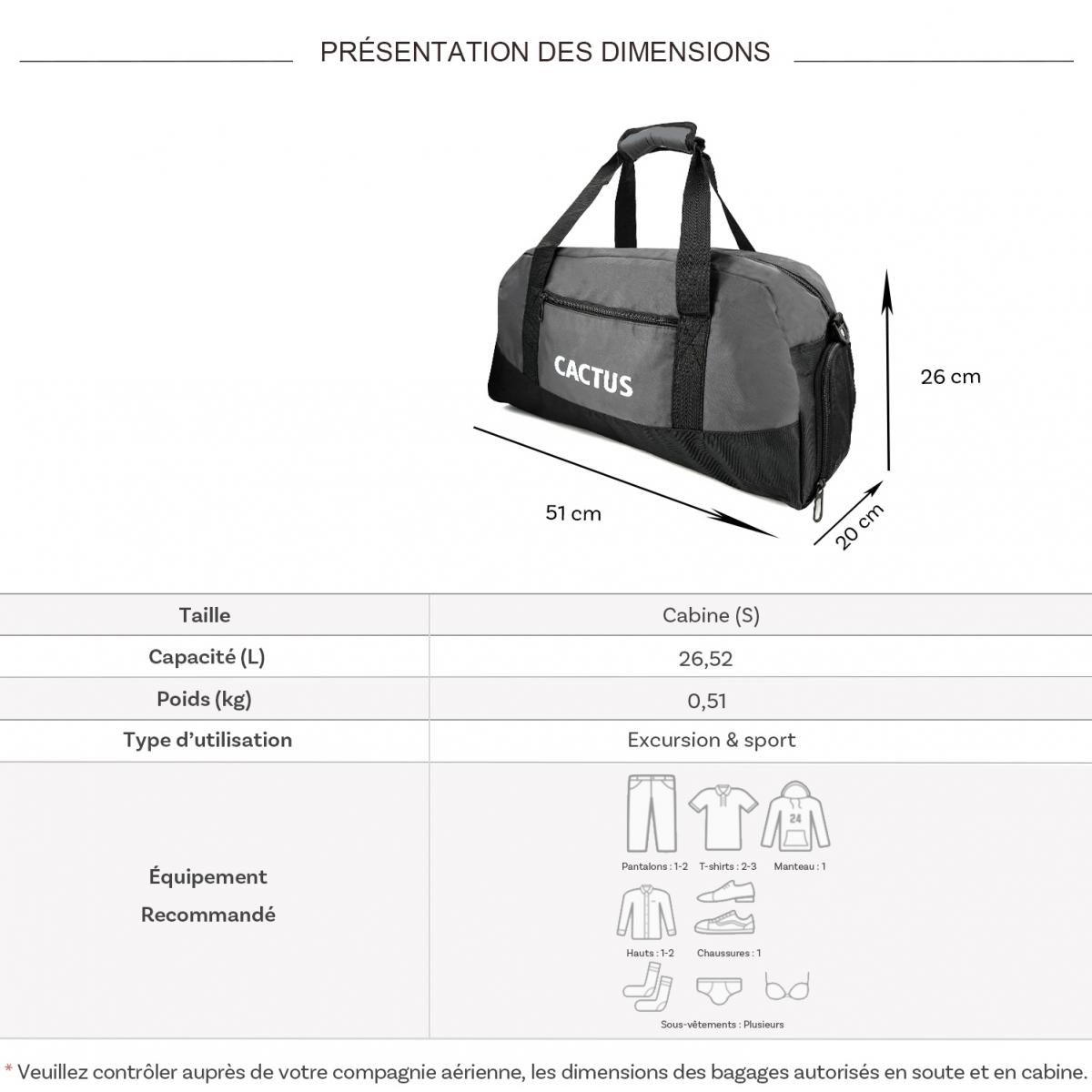 Cactus Sac de voyage week-end 26L et sport sans roulettes