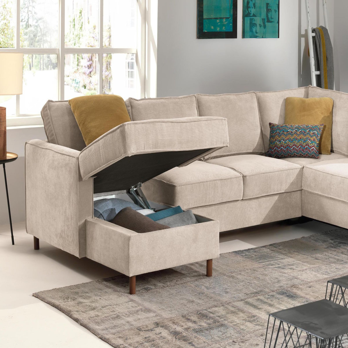 LISA DESIGN Jake - canapé panoramique d'angle droit - convertible avec coffre - 7 places - en velours côtelé