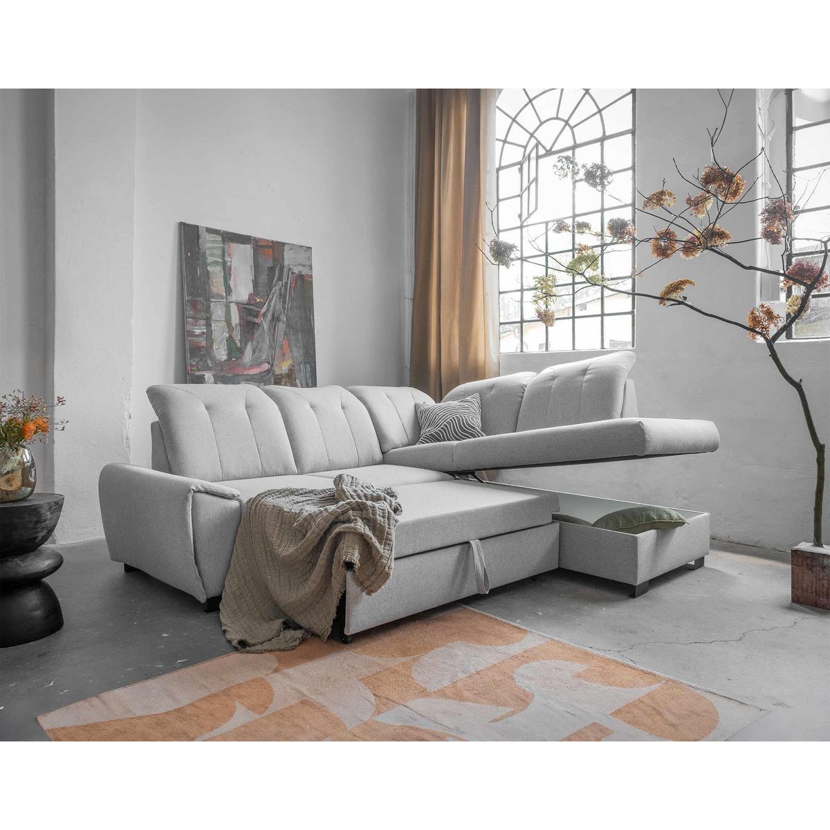 BEST MOBILIER Paul - canapé d'angle droit - 5 places - convertible avec coffre et têtières - en tissu