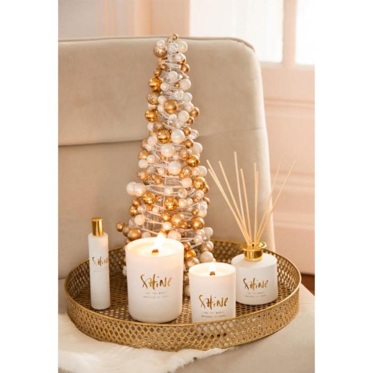 Paris Prix Statuette Déco  Mini Boules  45cm Or & Ecru