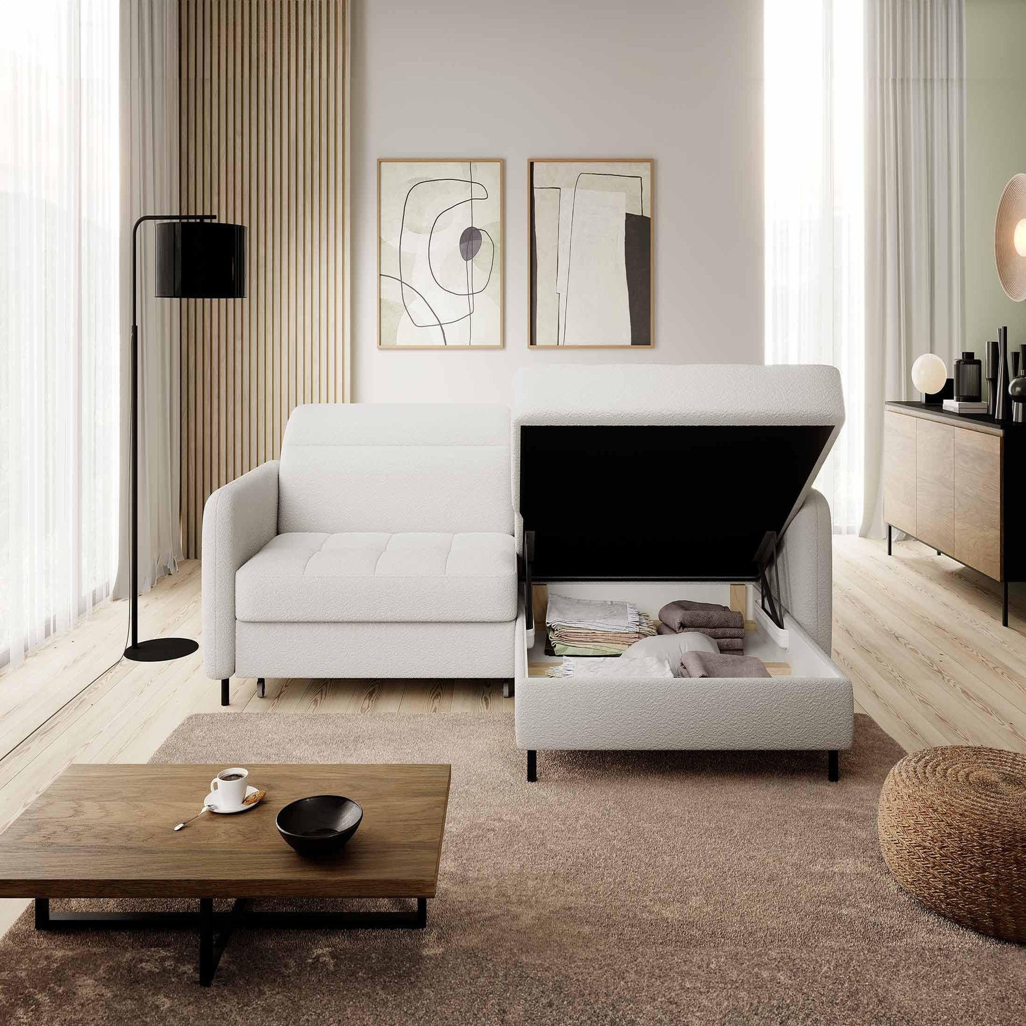 Voir la diapositive 3 : BEST MOBILIER Sagada - canapé d'angle droit 4 places - convertible avec coffre et têtières - en tissu bouclette