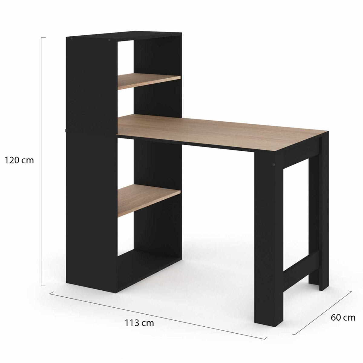 ID MARKET Bureau bibliothèque BEN avec étagères noir et façon hêtre