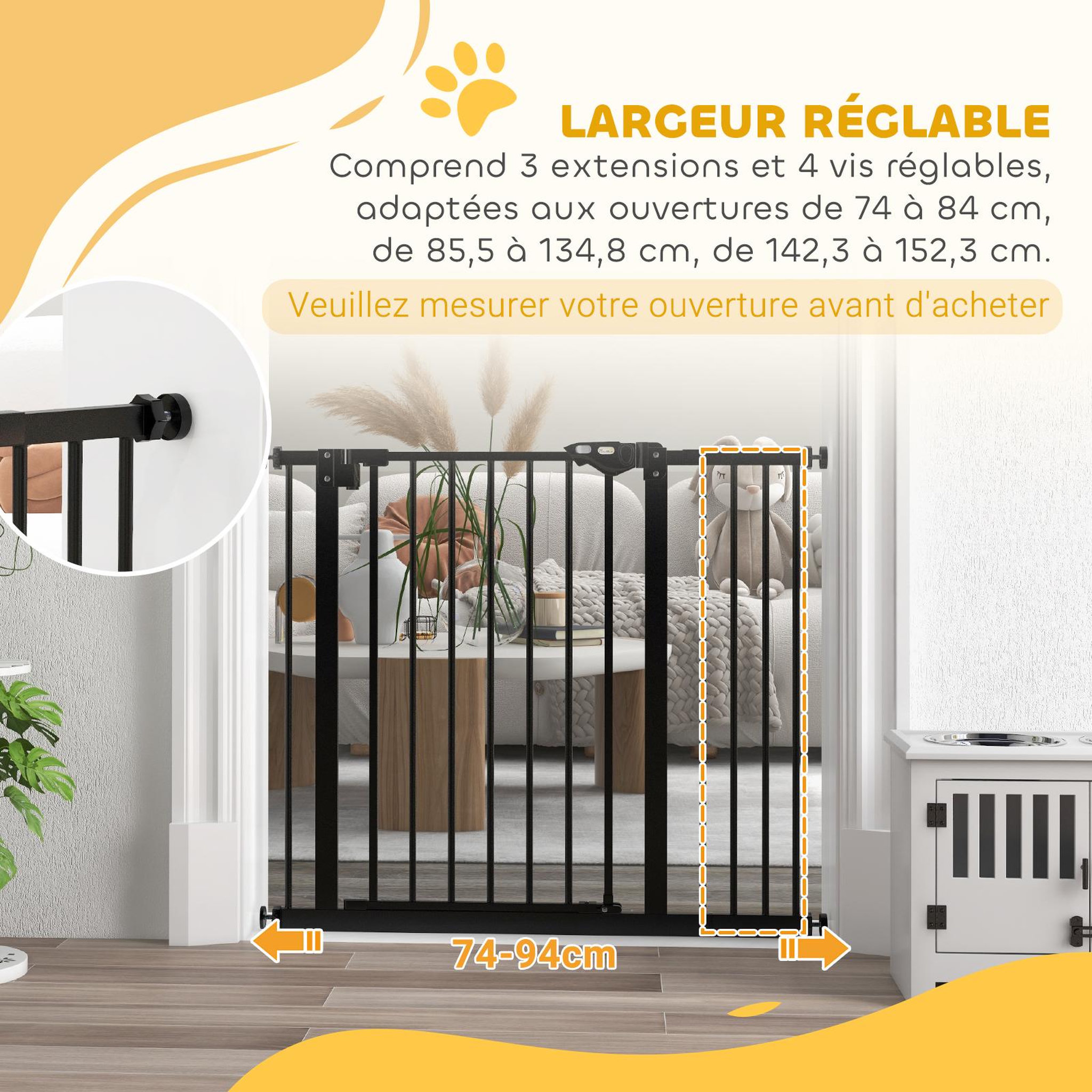 Voir la diapositive 4 : PAWHUT Barrière de sécurité chien - porte double verrouillage - l.94 cm max. - sans perçage - métal noir