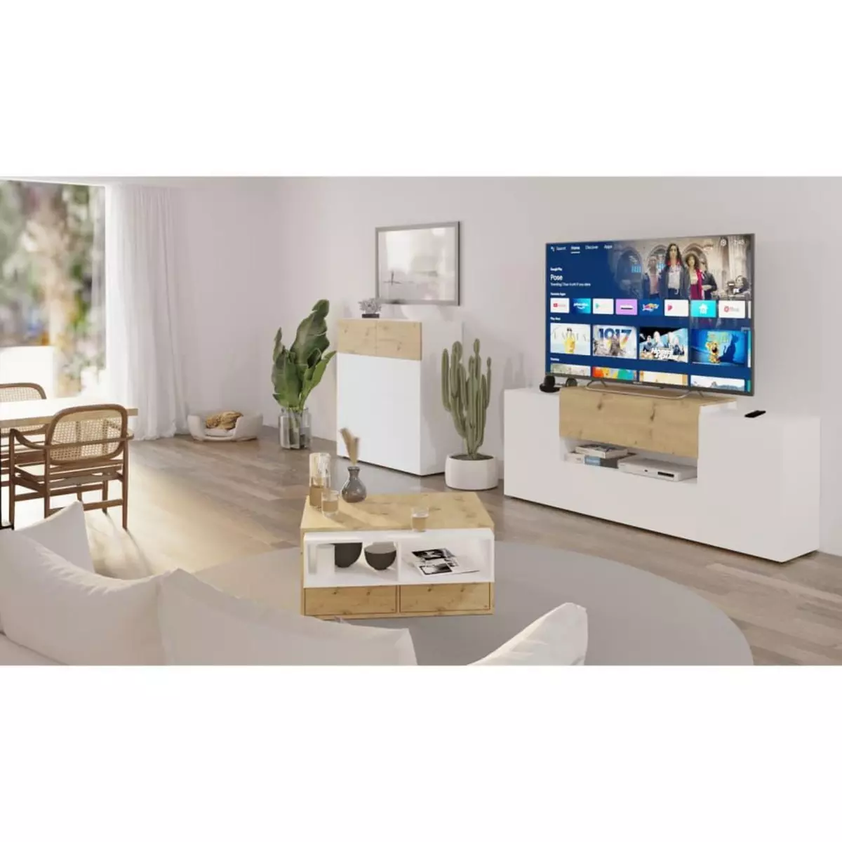 FMD FMD Meuble TV/Hi-Fi 182x33x70,2 cm Blanc et chene artisanal