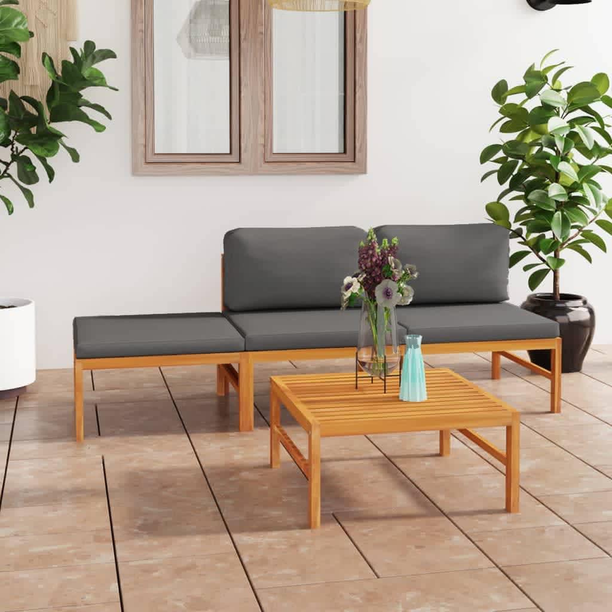 Voir la diapositive 1 : VIDAXL Salon de jardin 4 pcs avec coussins gris Bois de teck solide