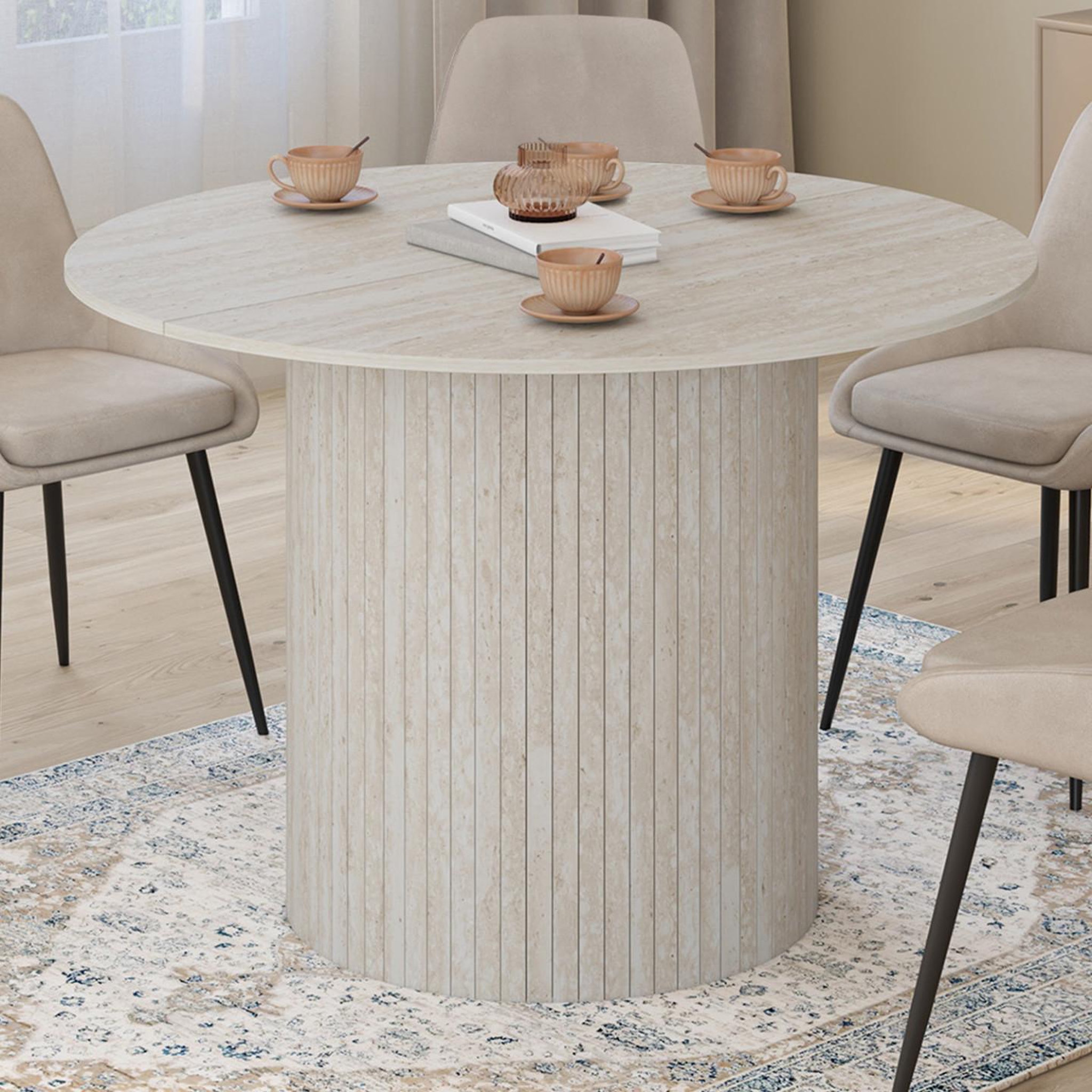 Voir la diapositive 2 : ID MARKET Table à manger ronde juliette 6 personnes pied central effet lattes façon travertin 110 cm