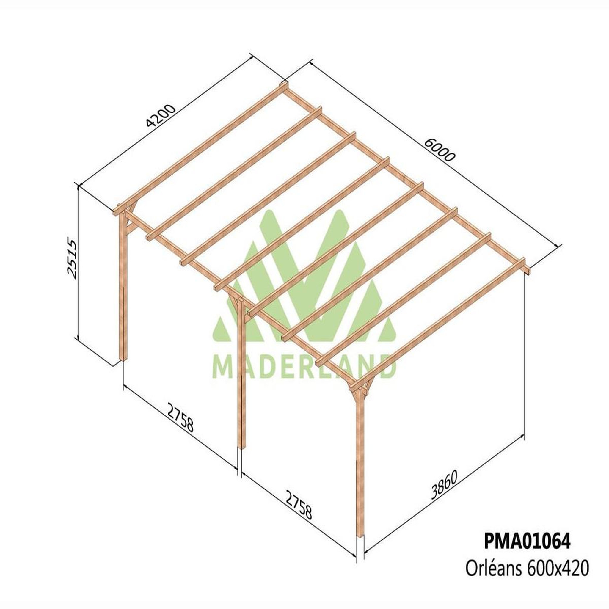 Voir la diapositive 2 : JARDIDECO Pergola adossée en bois massif orléans 600 x 420 cm - maderland