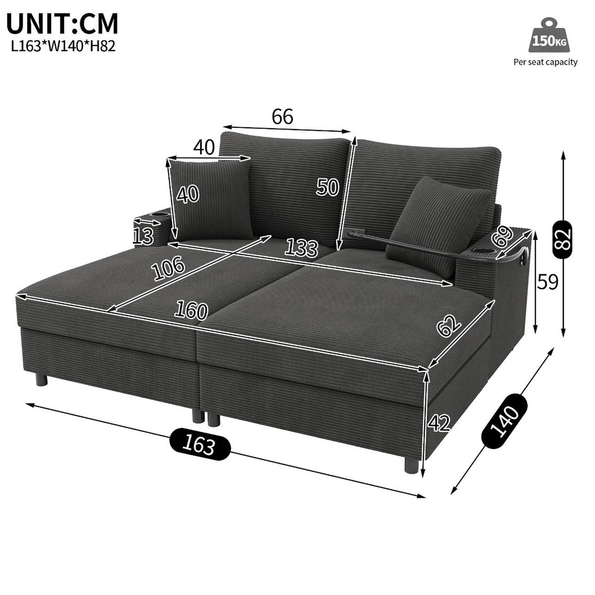 MERAX Canapé droit fixe 2 places tissu