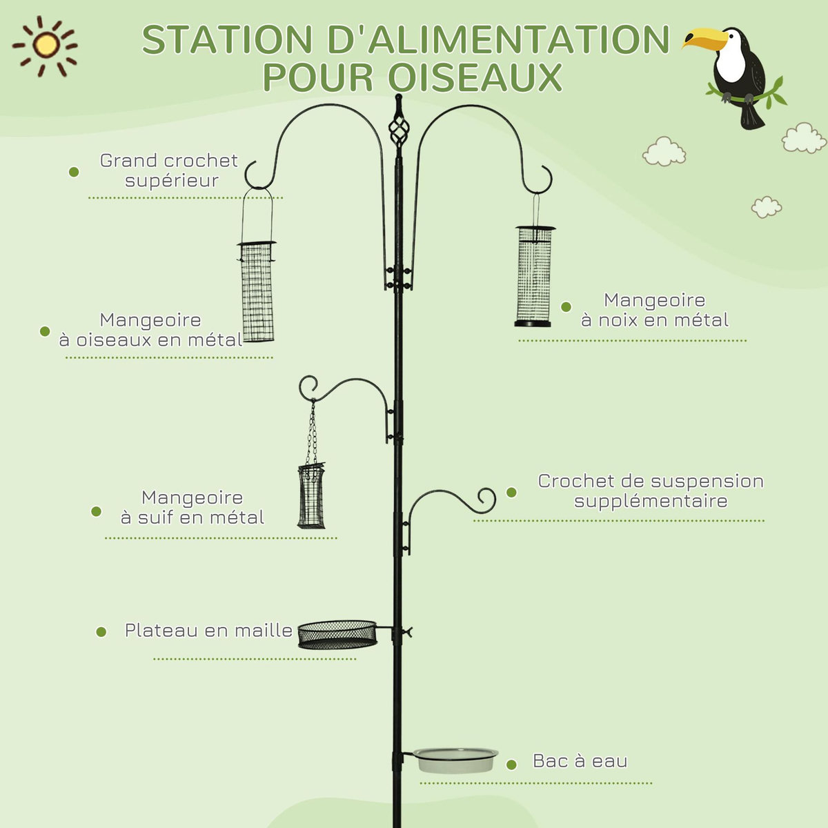 PAWHUT Station d'alimentation pour oiseaux en acier H.208cm 4 crochets contenant eau nourriture