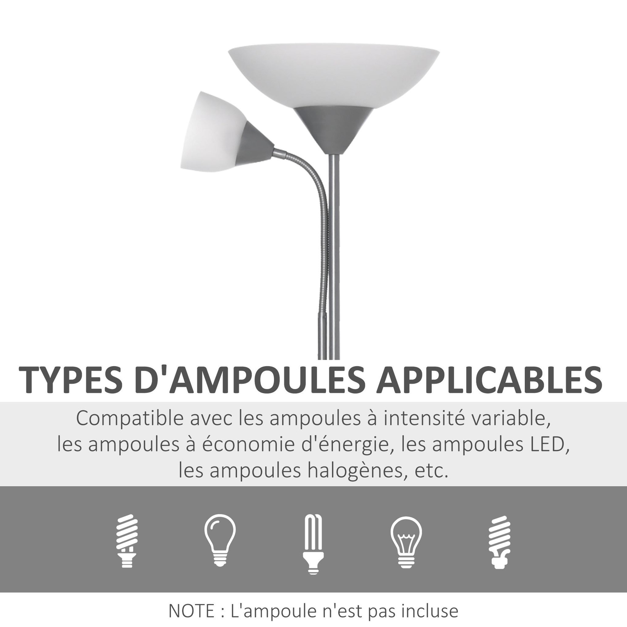Voir la diapositive 6 : HOMCOM Lampadaire 2 têtes douilles e27 e14 base métal dim. Ø28 x 179,5h cm gris blanc
