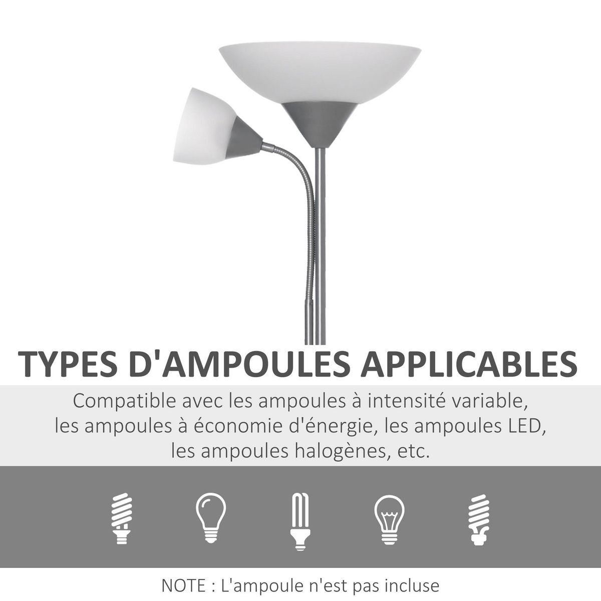 HOMCOM Lampadaire 2 têtes douilles E27 E14 base métal dim. Ø28 x 179,5H cm gris blanc