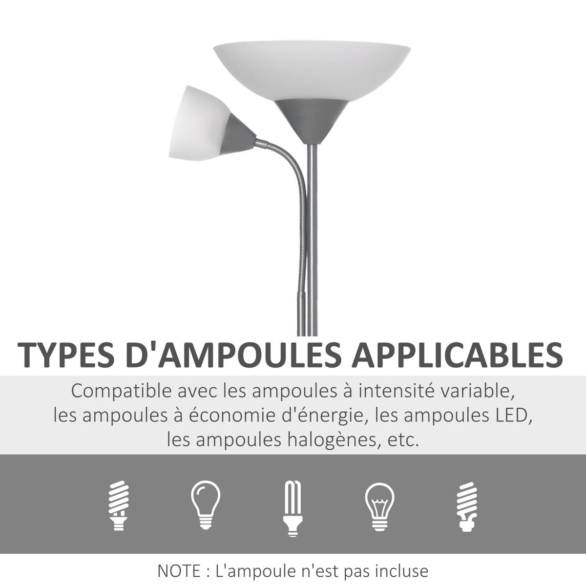 HOMCOM Lampadaire 2 têtes douilles E27 E14 base métal dim. Ø28 x 179,5H cm gris blanc