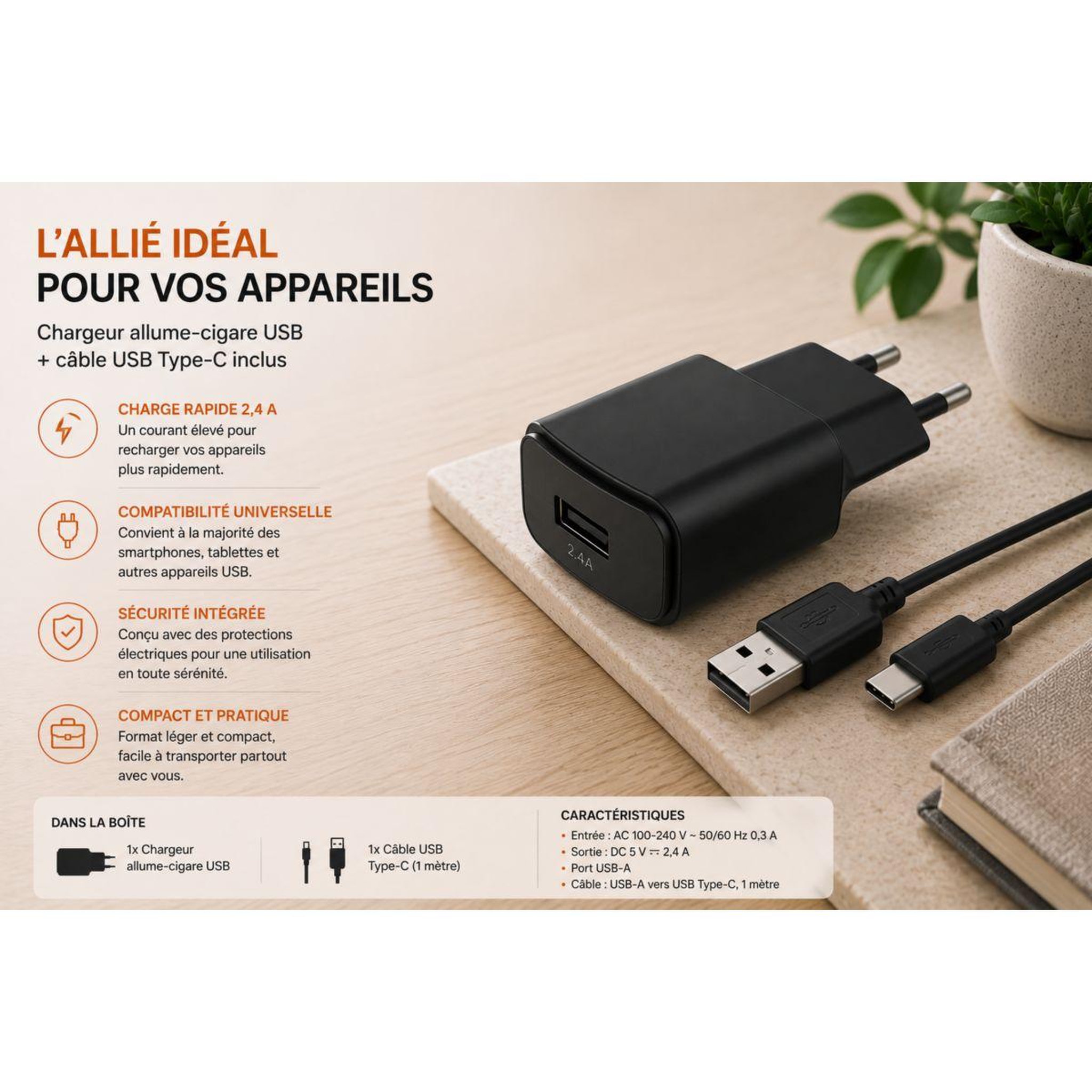 Voir la diapositive 4 : ESSENTIEL B Chargeur + câble 12w smart ic usb-a + cable usb-c 1m compatible iphone 17 16 15 pro max et galaxy s25 s24