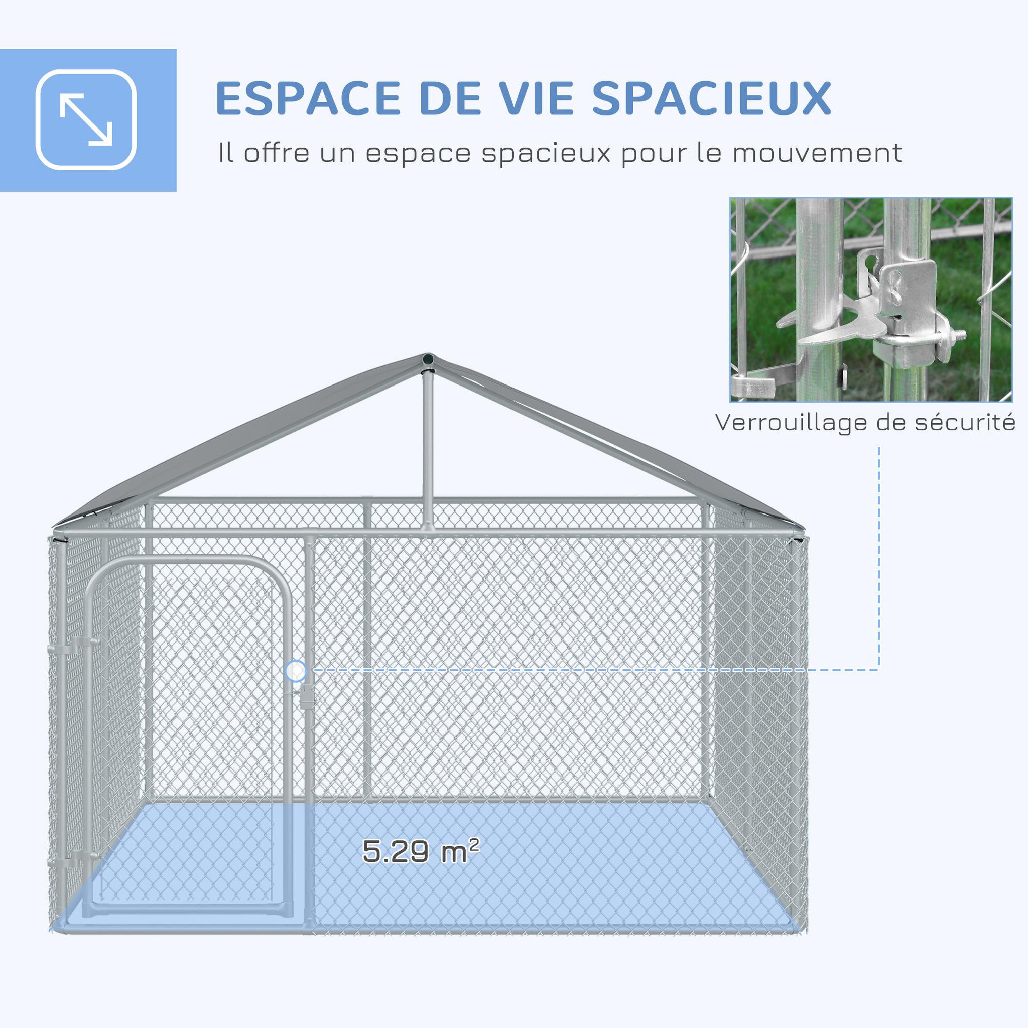 Voir la diapositive 4 : PAWHUT Chenil extérieur avec toit pour chien 5 m² - parc grillagé 230 x 230 x 175 cm - espace couvert - acier galvanisé