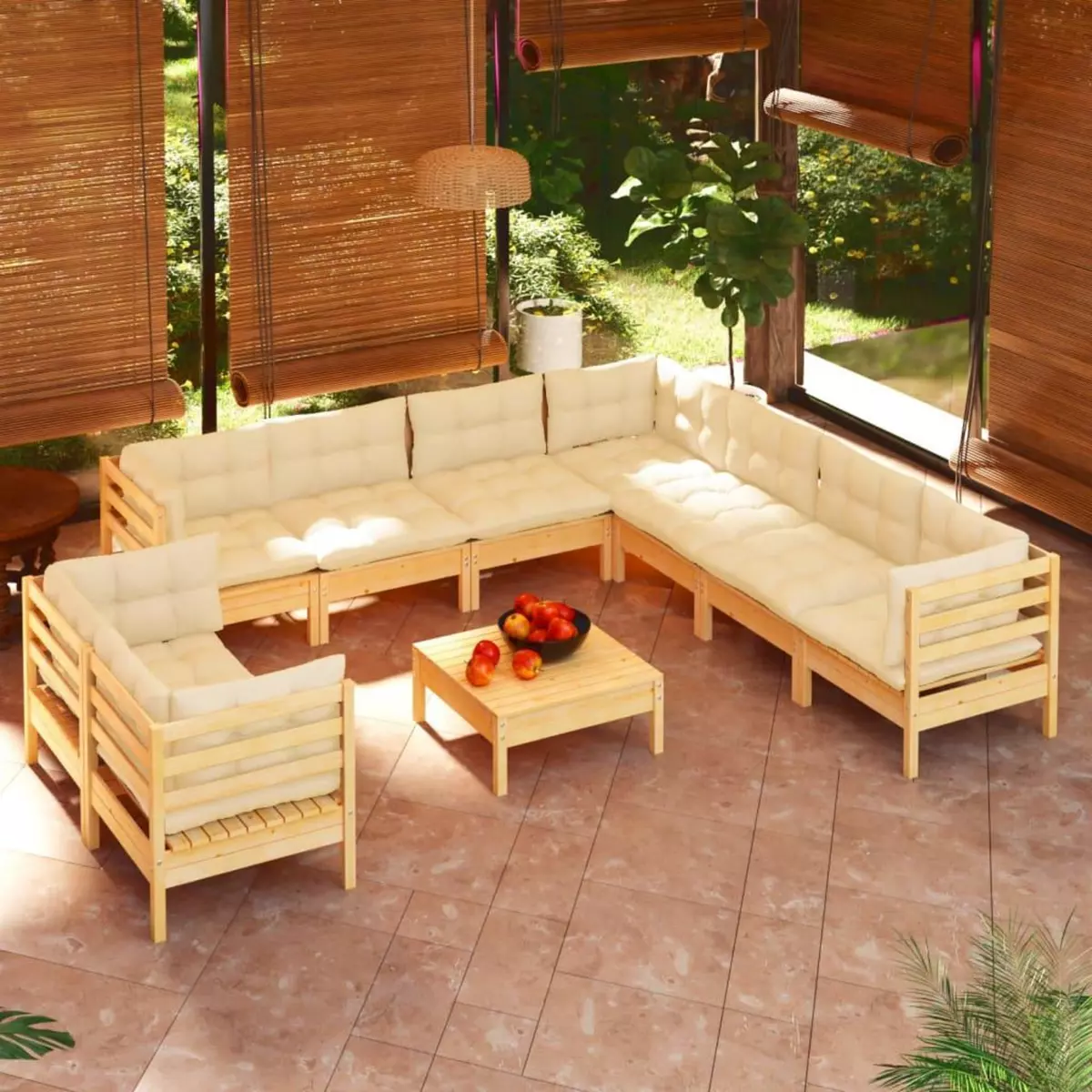 VIDAXL Salon de jardin 10 pcs avec coussins creme Bois de pin solide