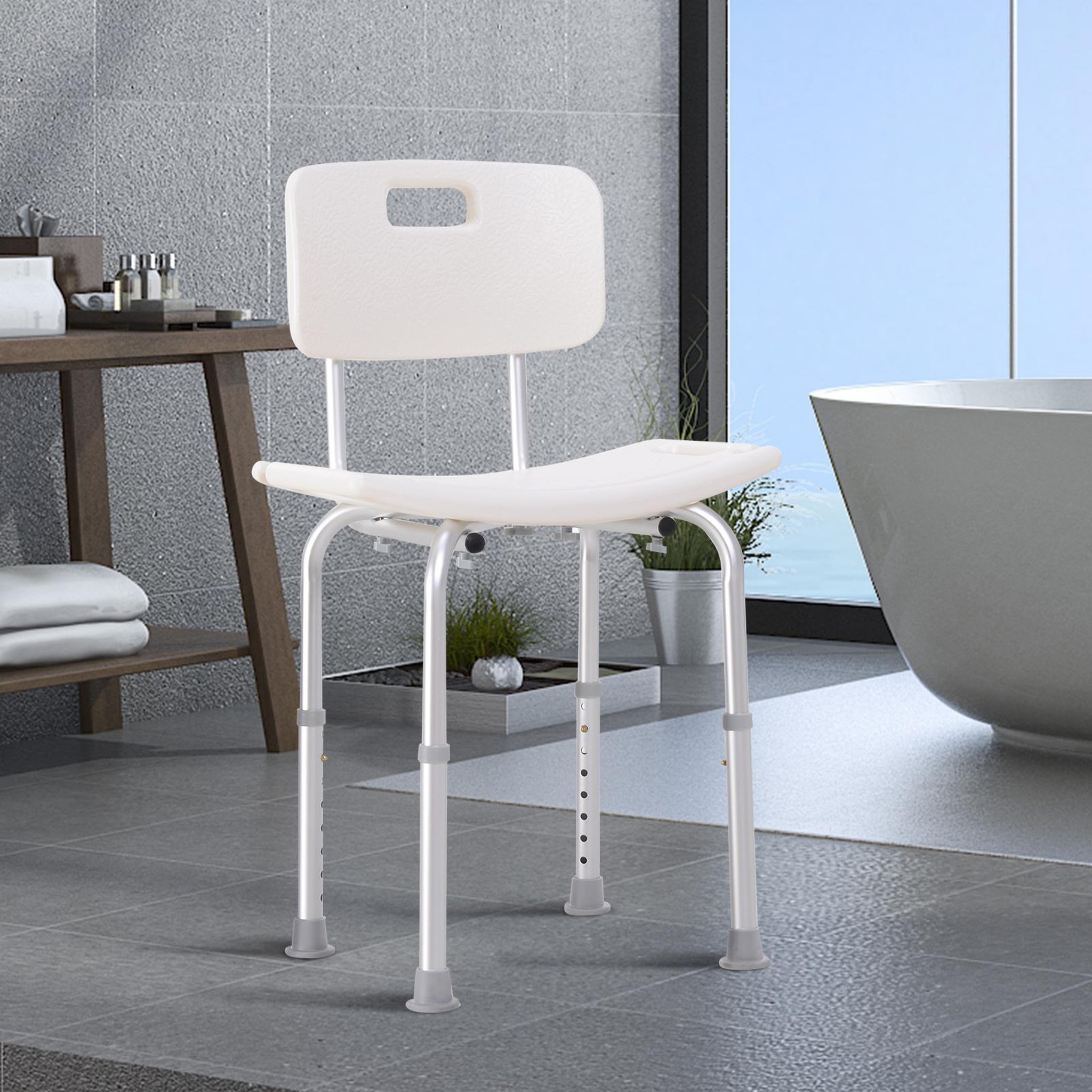 Voir la diapositive 2 : HOMCOM Chaise de douche siège de douche ergonomique hauteur réglable pieds antidérapants charge max. 136 kg alu hdpe blanc