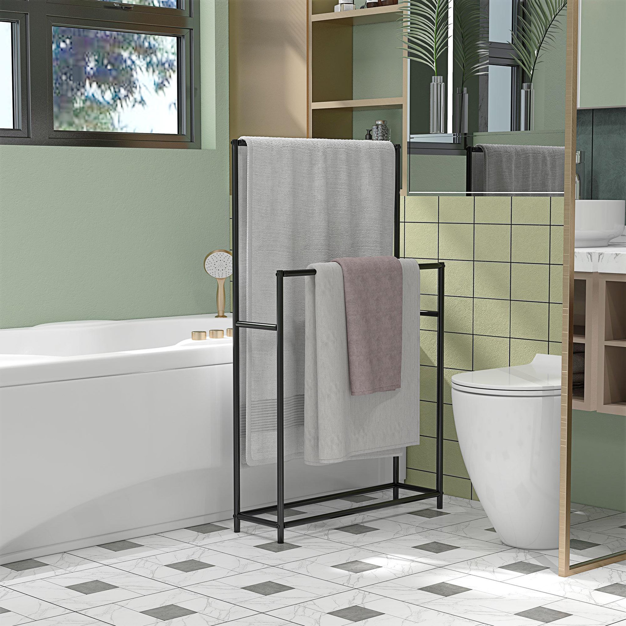 Voir la diapositive 2 : HOMCOM Porte-serviettes sur pied 2 niveaux dim. 66l x 20l x 110h cm métal noir