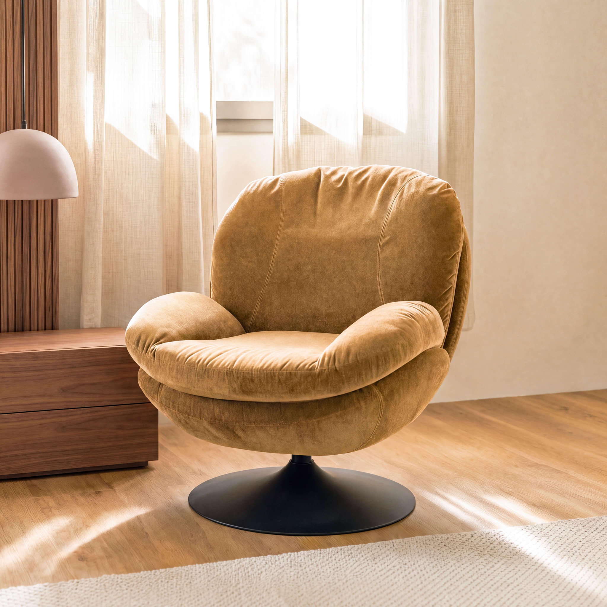 Voir la diapositive 2 : MAISON PAVANE Fauteuil pivotant en tissu effet velours jaune moutarde-ricci