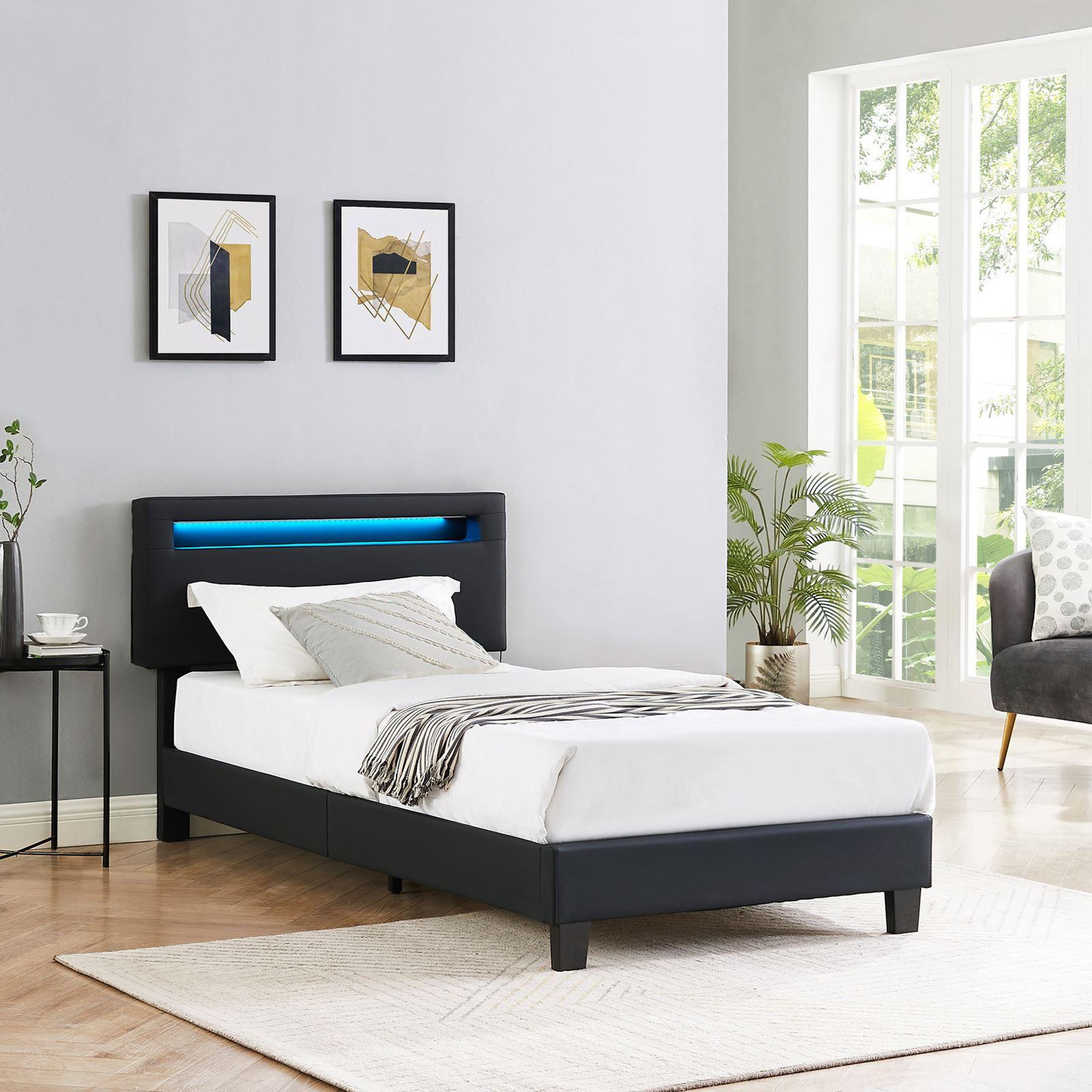 Voir la diapositive 2 : IDIMEX Lit LED simple EVAN 90x190 cm, avec sommier, revêtement en synthétique