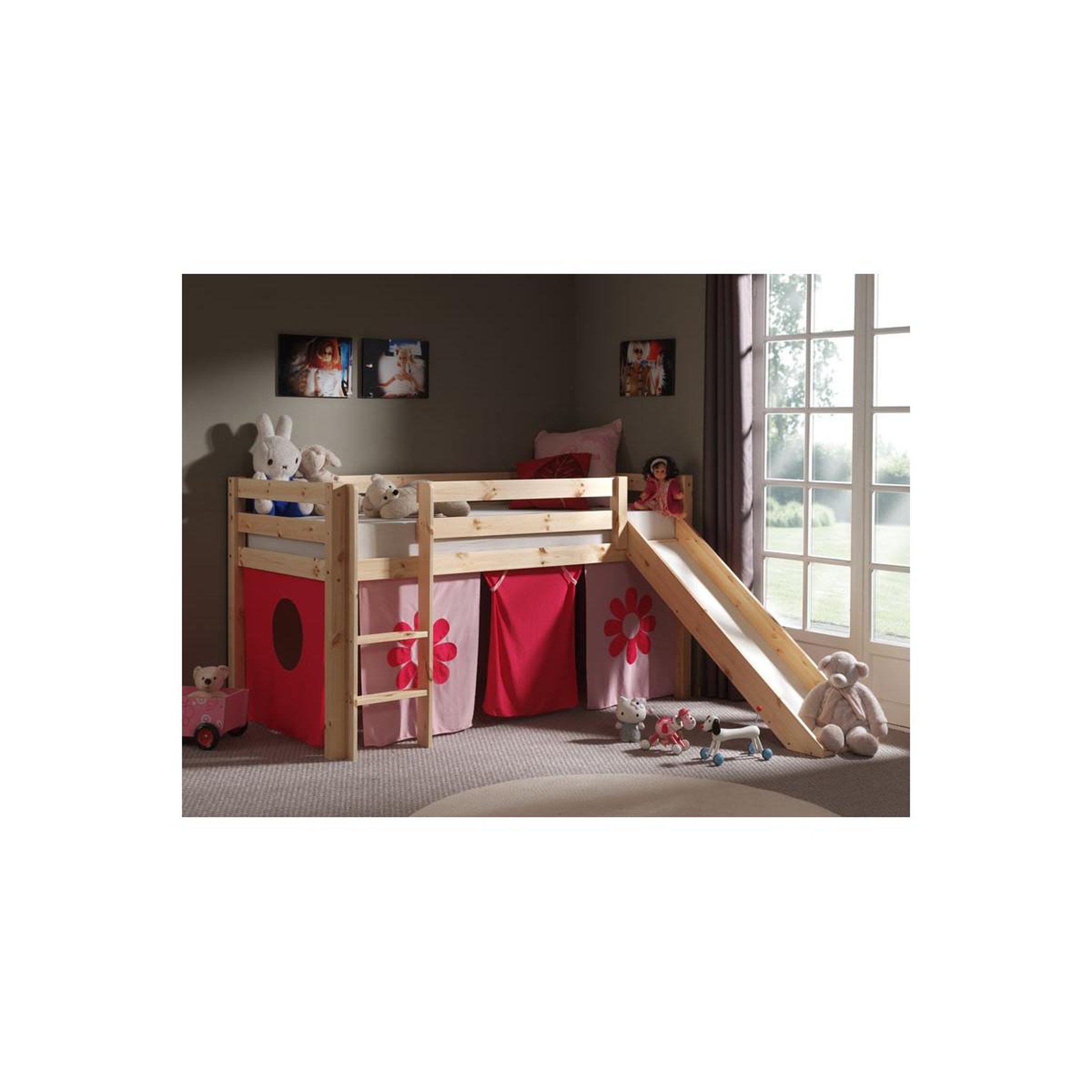 Voir la diapositive 2 : Paris Prix Lit enfant avec toboggan  pino flower  90x200cm naturel