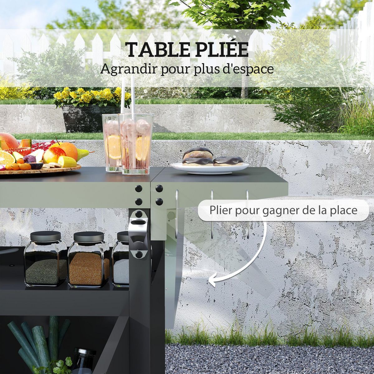 OUTSUNNY Desserte de jardin desserte plancha barbecue - 2 portes, tablette pliable, 3 crochets - acier noir acier inox