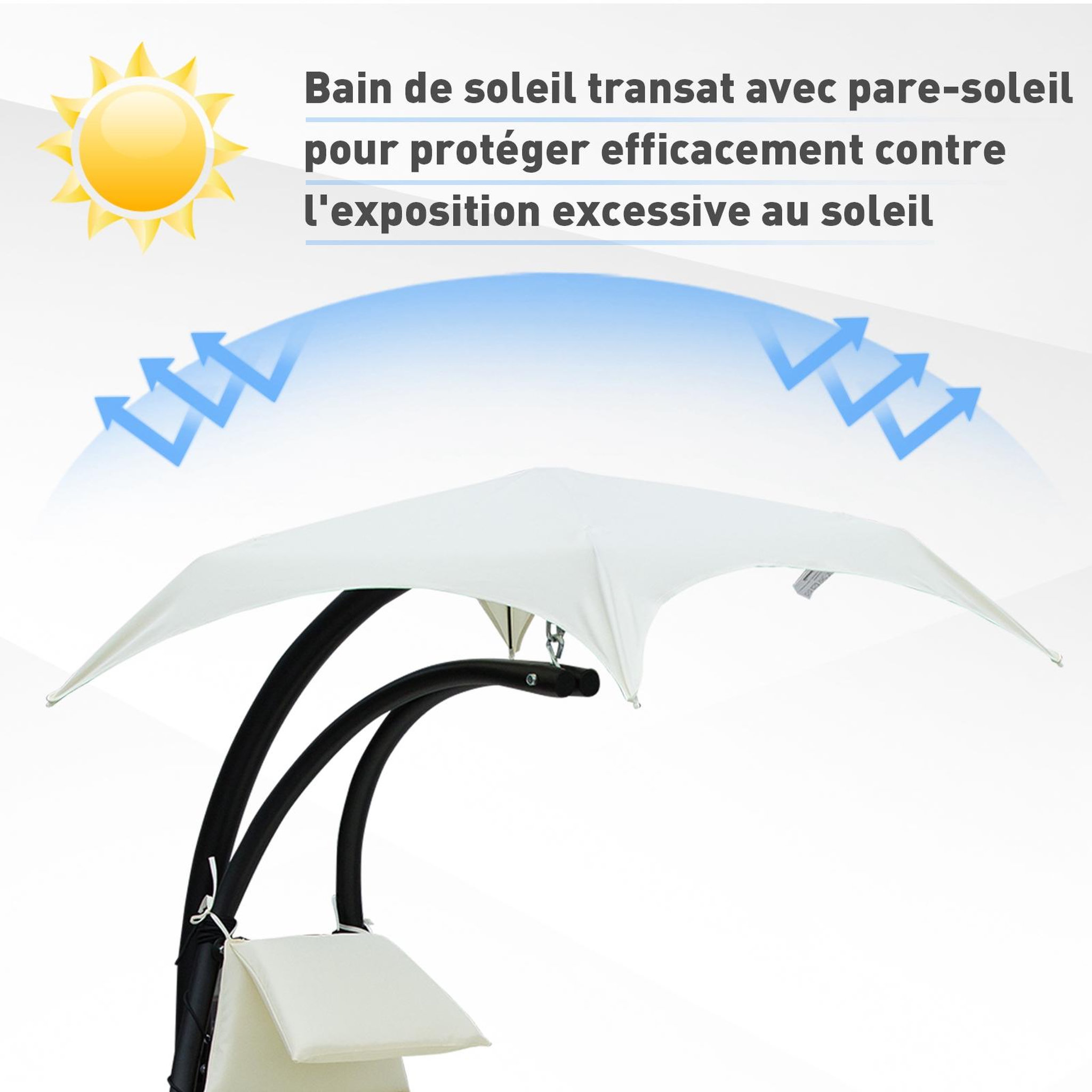 Voir la diapositive 6 : OUTSUNNY Bain de soleil transat suspendu avec pare-soleil et matelas design contemporain 190L x 115l x 190H cm acier polyester crème noir