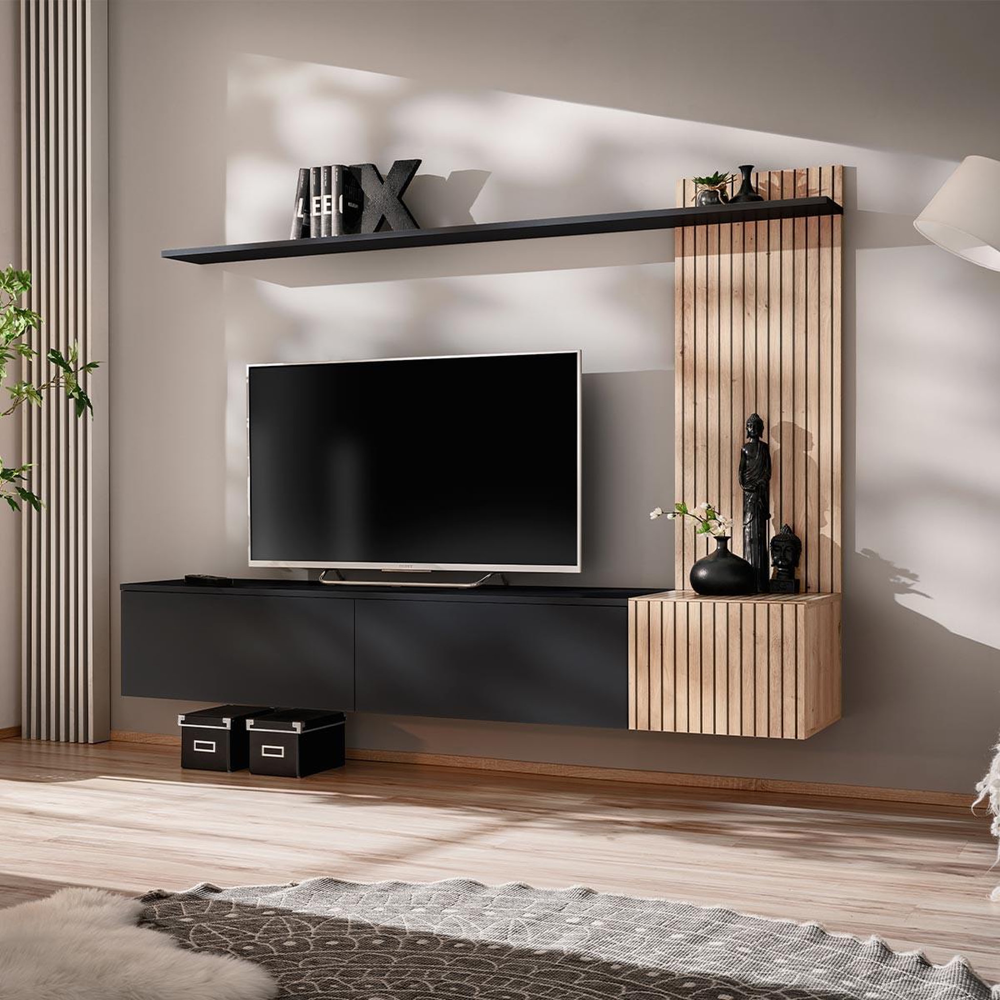 Paris Prix Ensemble meuble tv à rayures  solo  180cm noir & naturel