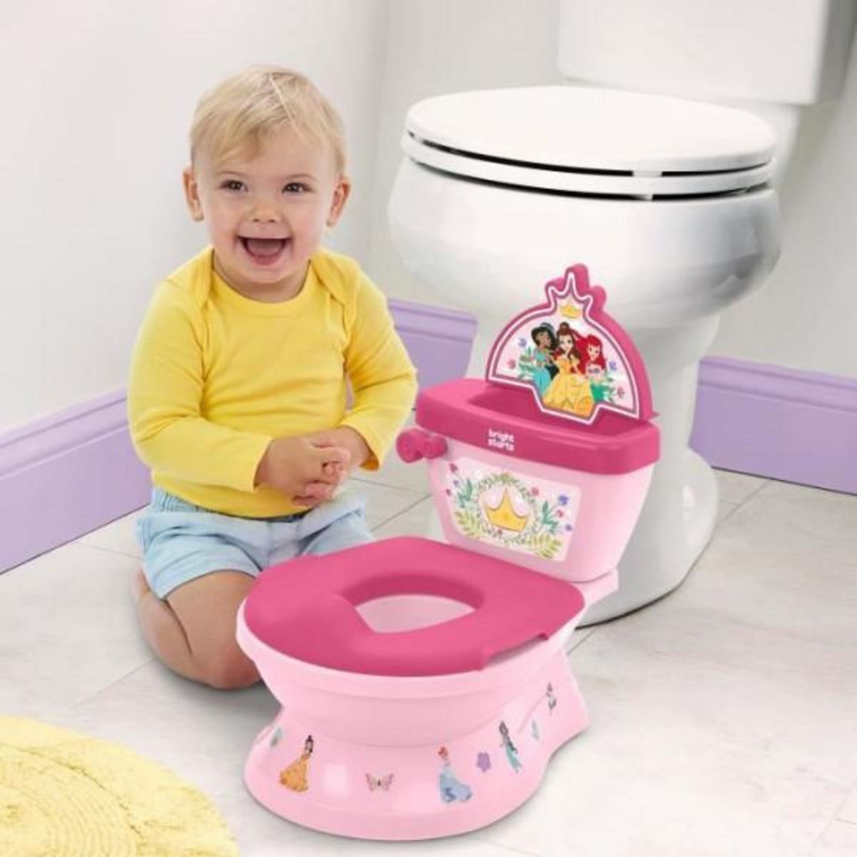Bright Starts DISNEY BABY - PRINCESSES- Mini toilette avec réducteur de lunette de toilette inclus, 2 en 1, MySize, Pot amovible facile a net