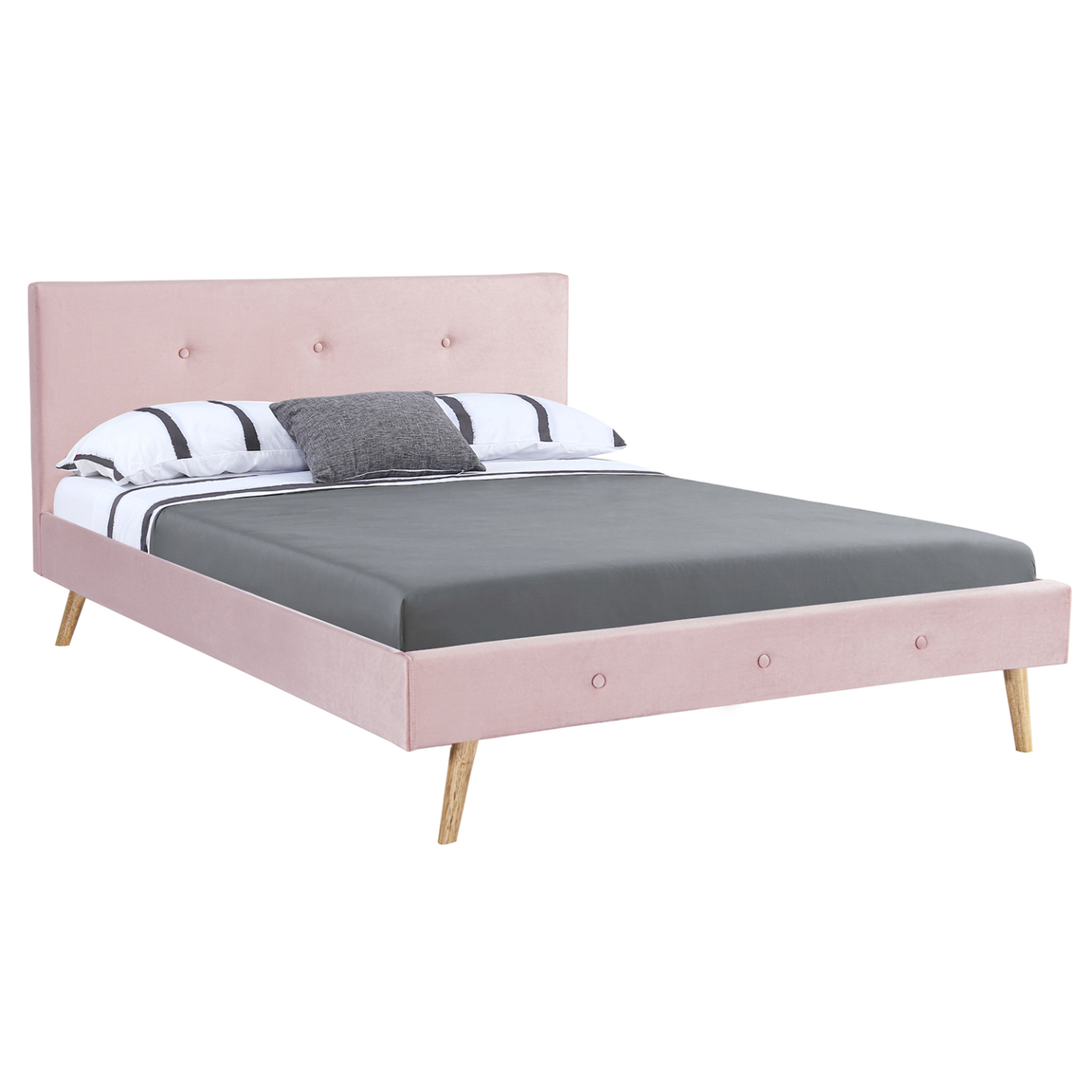 ID MARKET Lit double scandinave oslo avec tête de lit et sommier 140 x 190 cm tissu rose clair effet velours