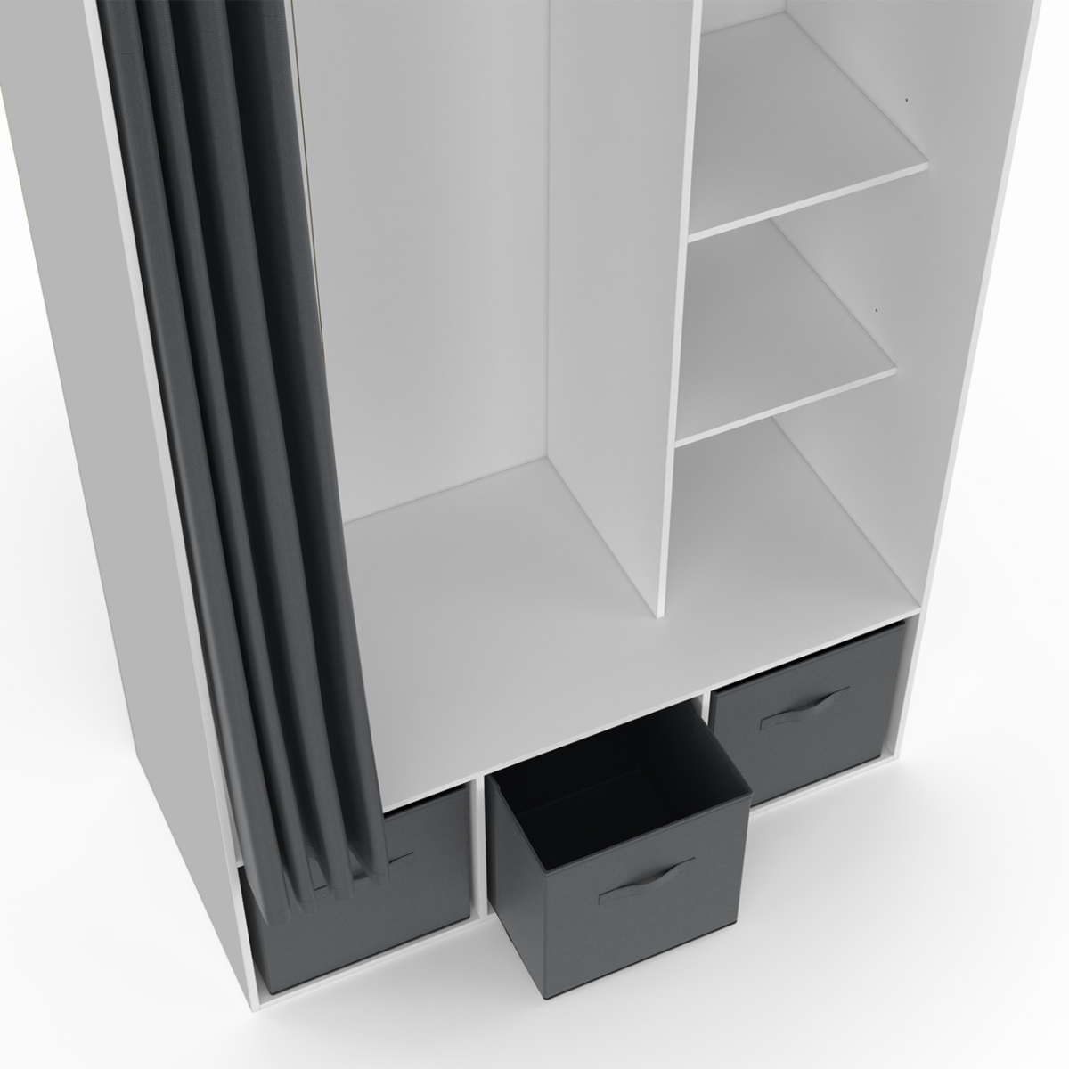 ID MARKET Dressing penderie DIANE 105 x 50 x 172 cm blanc avec étagères + boites de rangement + rideau gris