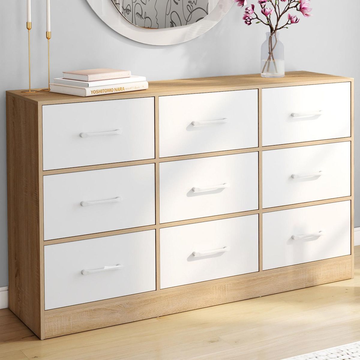 ID MARKET Commode 9 tiroirs en tissu UPPAH 113 cm meuble de rangement bois façon hêtre et blanc