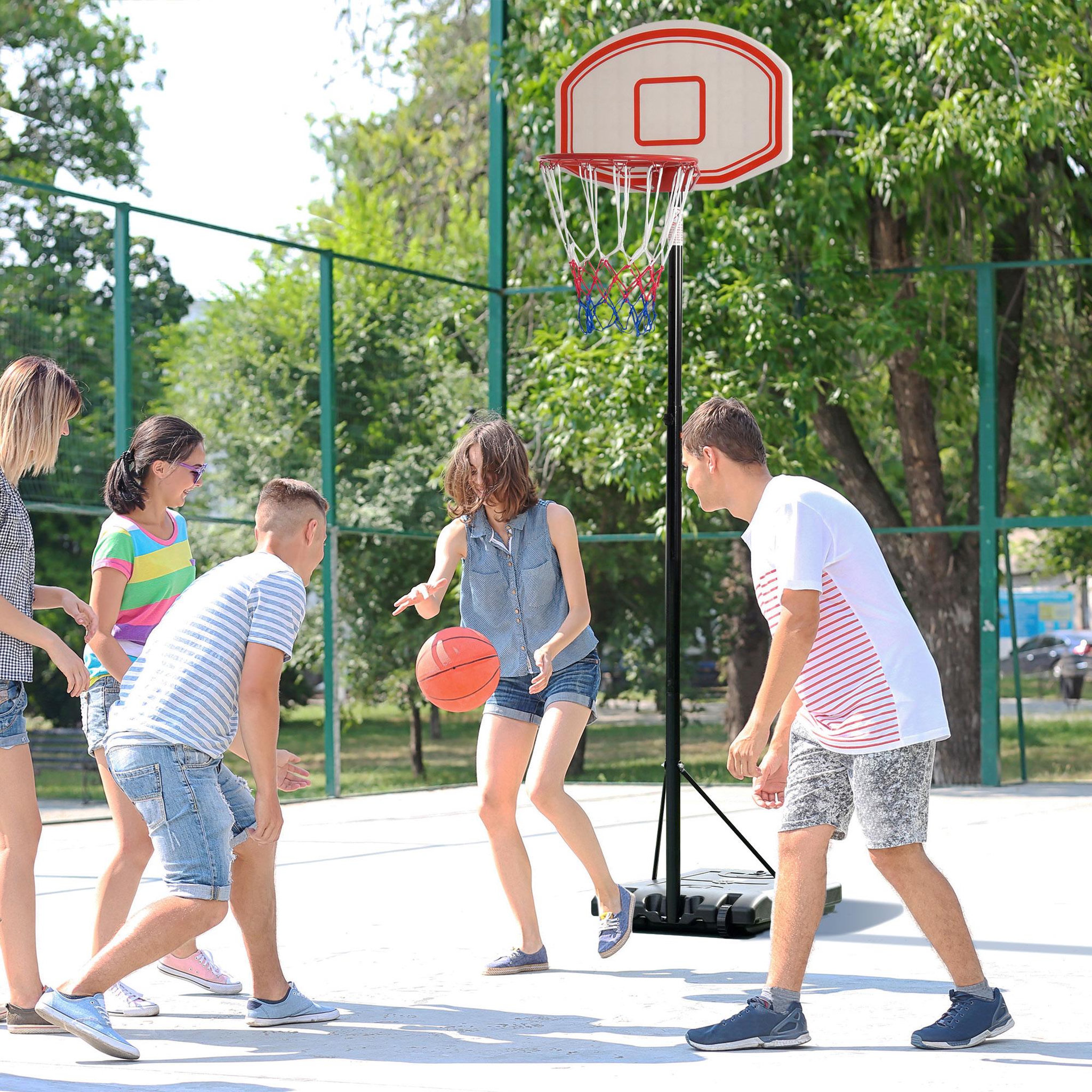 Voir la diapositive 2 : HOMCOM Panier de basket-ball sur pied avec poteau panneau, base de lestage sur roulettes hauteur réglable 2,1 - 2,5 m noir blanc