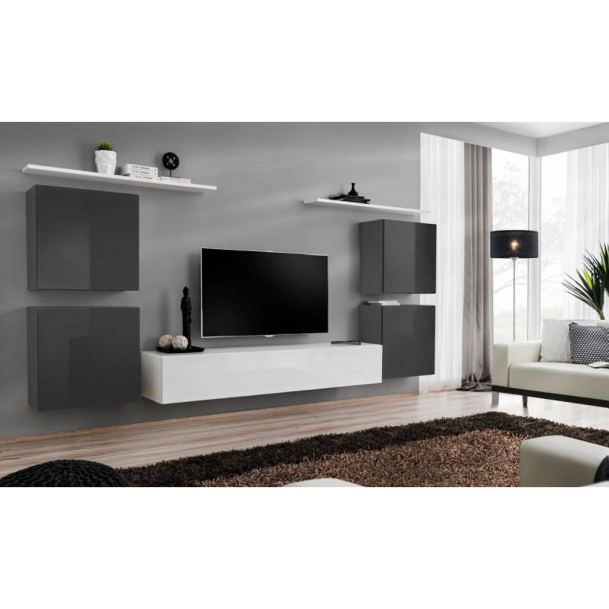 Paris Prix Meuble TV Mural Design  Switch IV  320cm Gris & Blanc