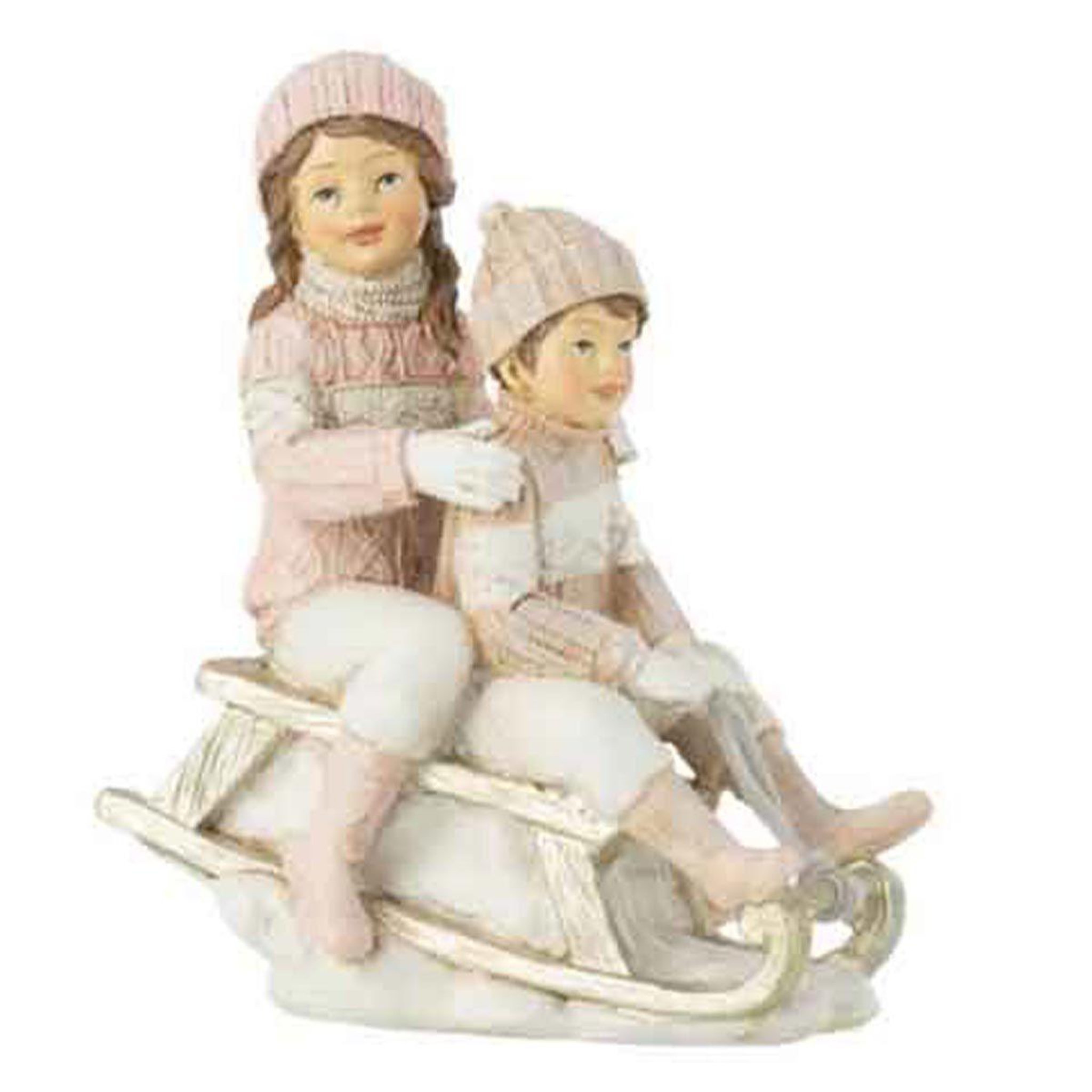 J-LINE Statuette Déco  Fille & Garçon Traîneau  20cm Blanc