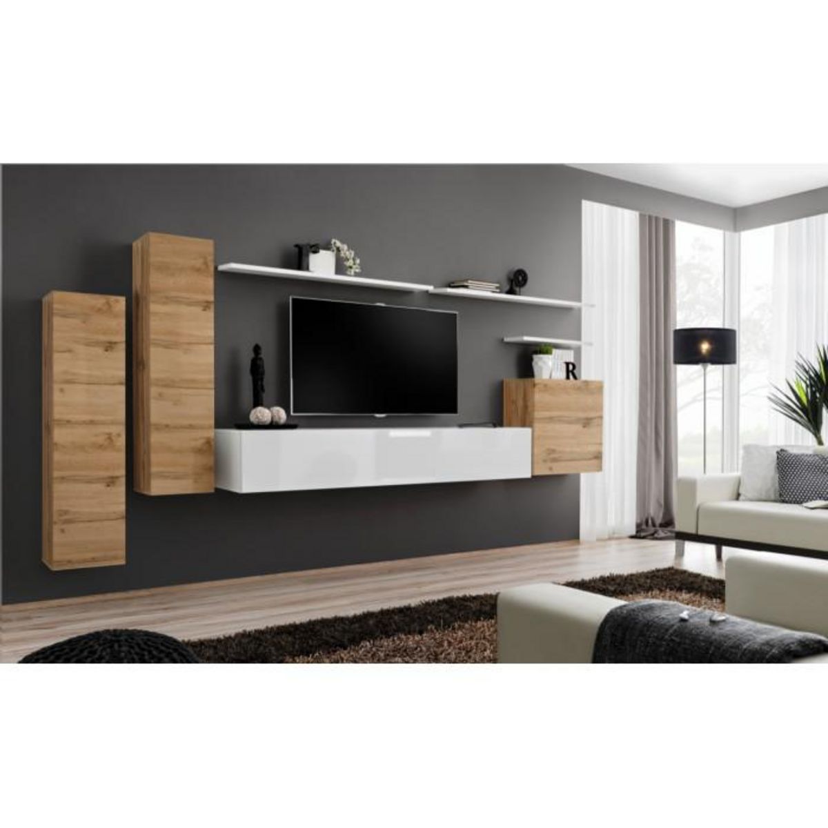 Paris Prix Meuble TV Mural Design  Switch I  330cm Naturel & Blanc