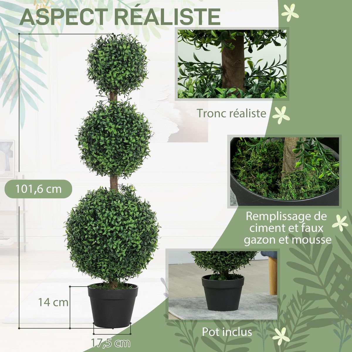 HOMCOM Lot de 2 buis artificiels topiaires en forme de boules x 3 dim. Ø30 x 101H cm avec pots