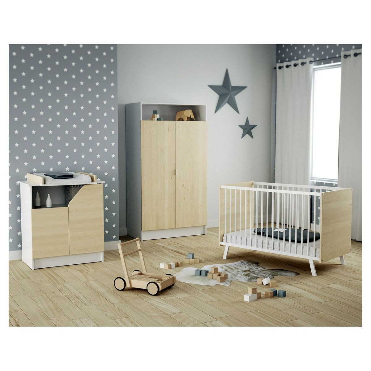 Chambre complète CARNAVAL Blanc et Bouleau : Lit 60x120 cm + Commode À Langer + Armoire