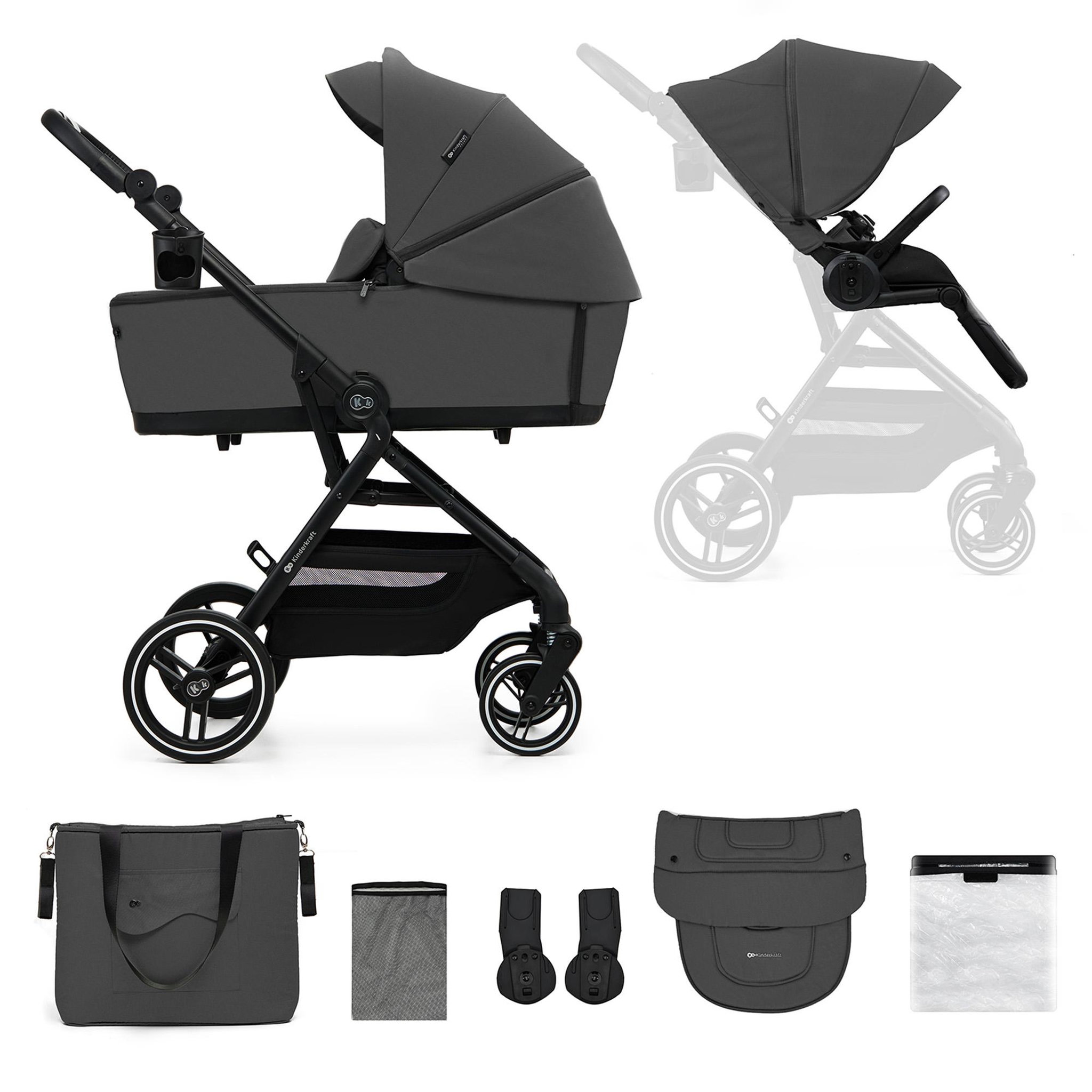 Voir la diapositive 1 : KINDERKRAFT Poussette 2 en 1 avec nacelle YOXI, roues anti-crevaison et accessoires