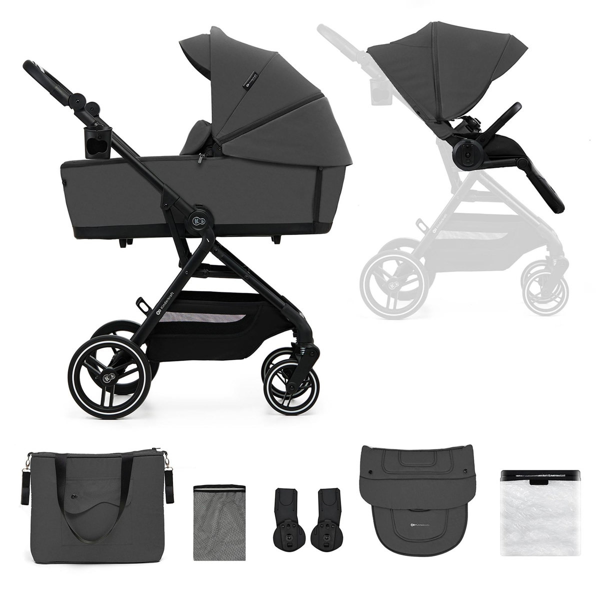KINDERKRAFT Poussette 2 en 1 avec nacelle YOXI, roues anti-crevaison et accessoires