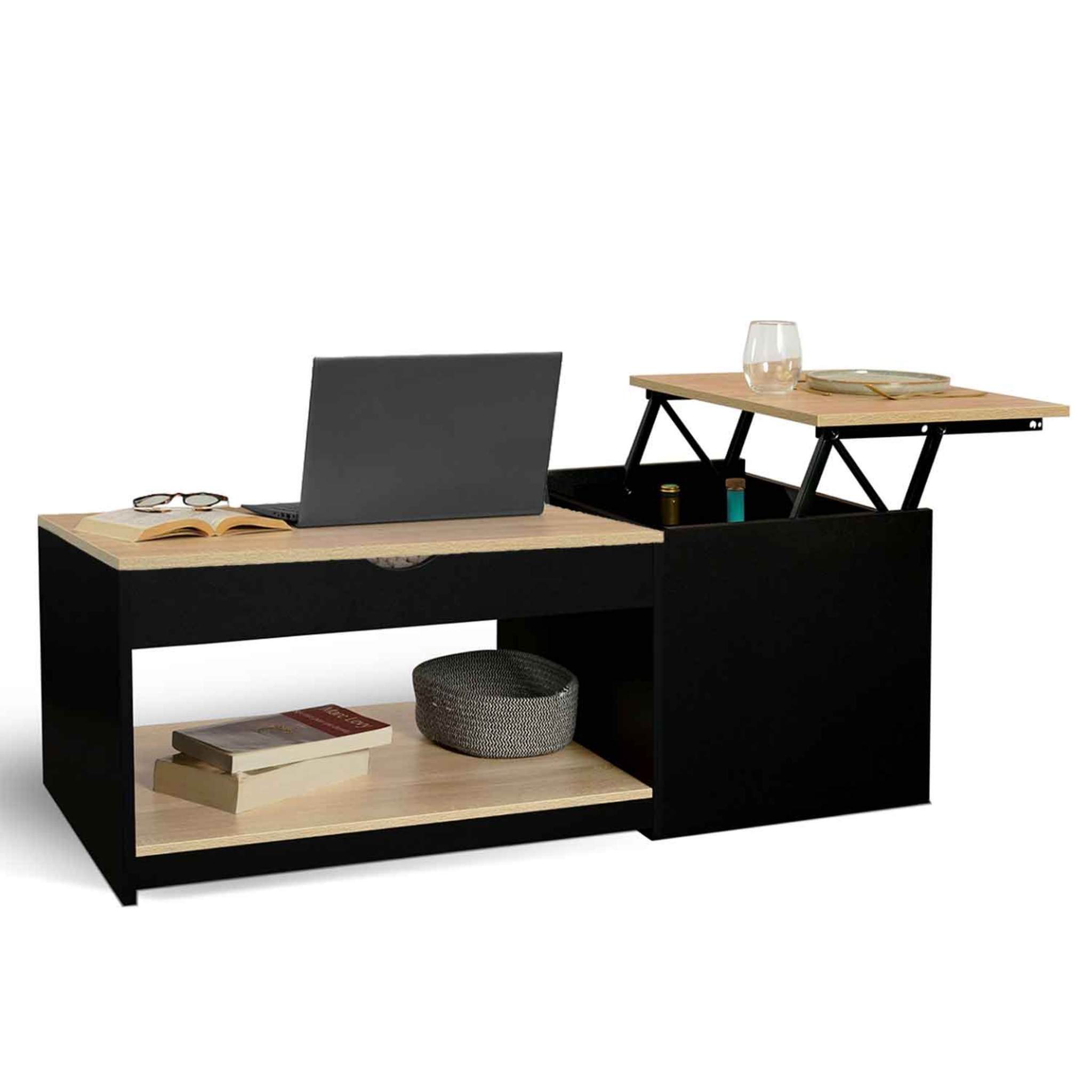 Voir la diapositive 4 : ID MARKET Table basse 2 plateaux relevables rectangulaire elea avec coffre bois noir et façon hêtre