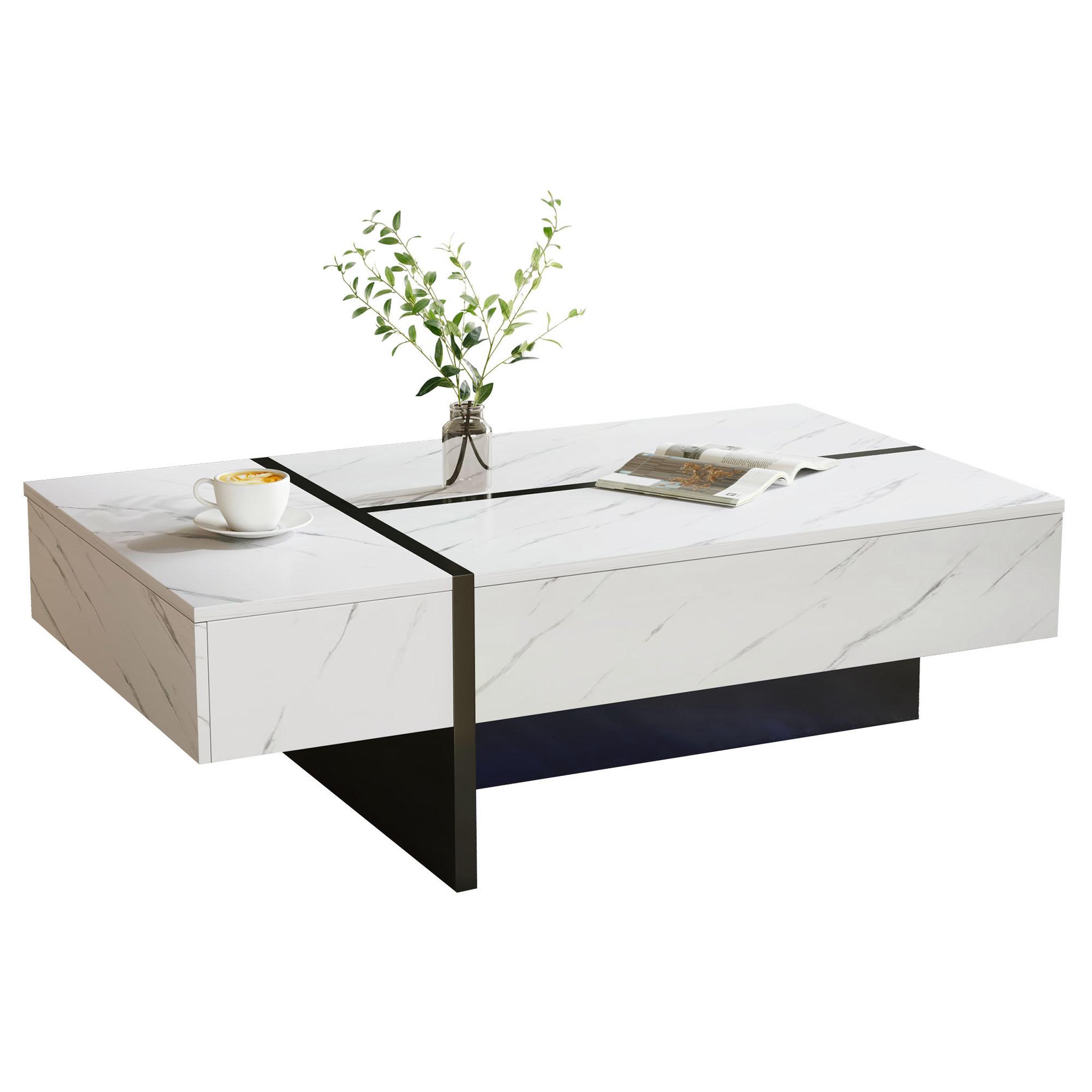 MERAX Table Basse Brillante Avec LED Et 3 Tiroirs, Placage Marbre, Blanc 105*60*35cm