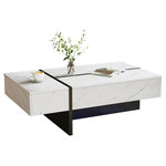 MERAX Table Basse Brillante Avec LED Et 3 Tiroirs, Placage Marbre, Blanc 105*60*35cm