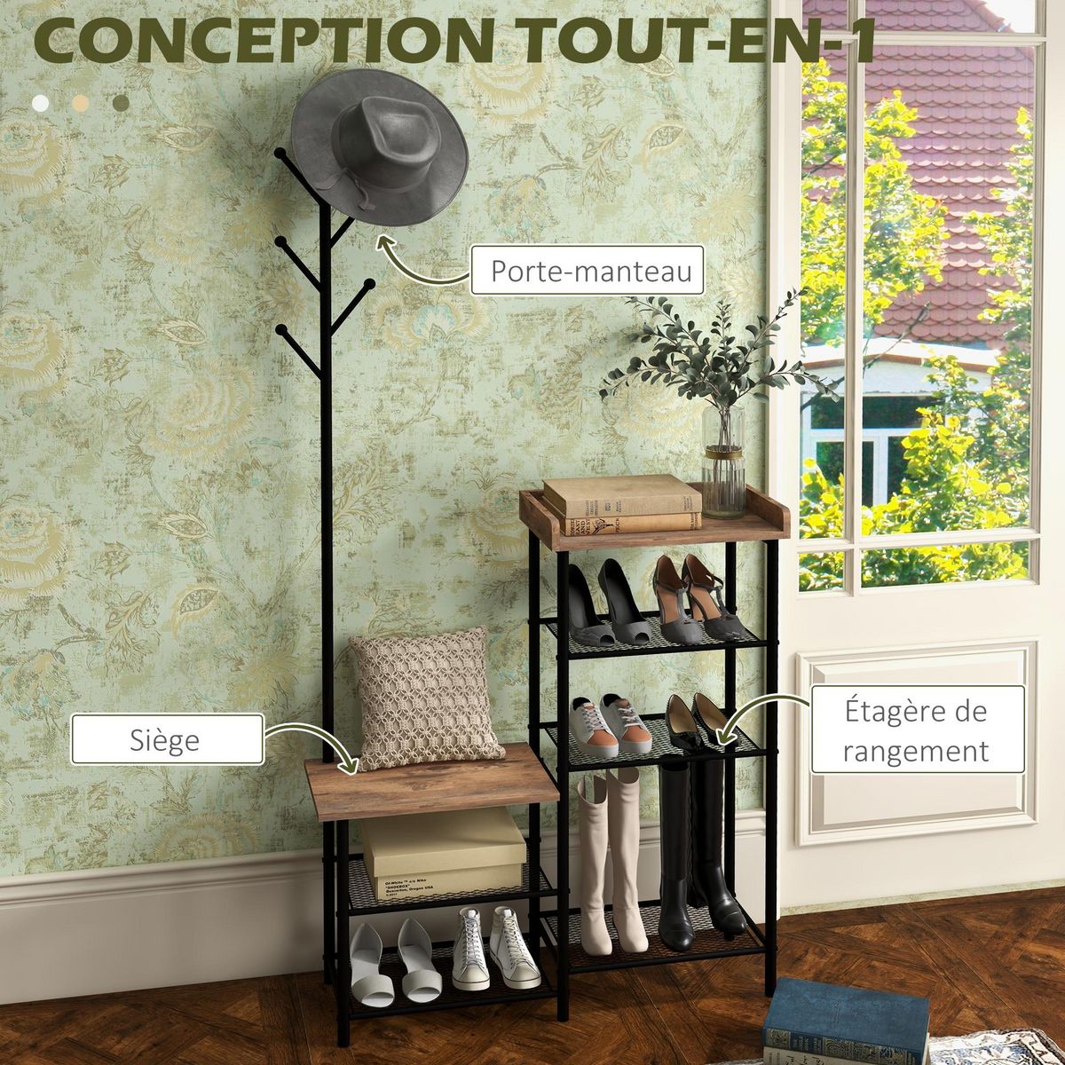 HOMCOM Vestiaire d'entrée banc porte-manteaux avec étagère à chaussures style industriel acier noir aspect bois