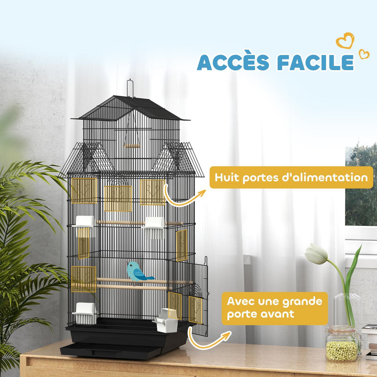 PAWHUT Cage à oiseaux design maison mangeoires perchoirs balançoire grande porte 8 trappes plateau déjection